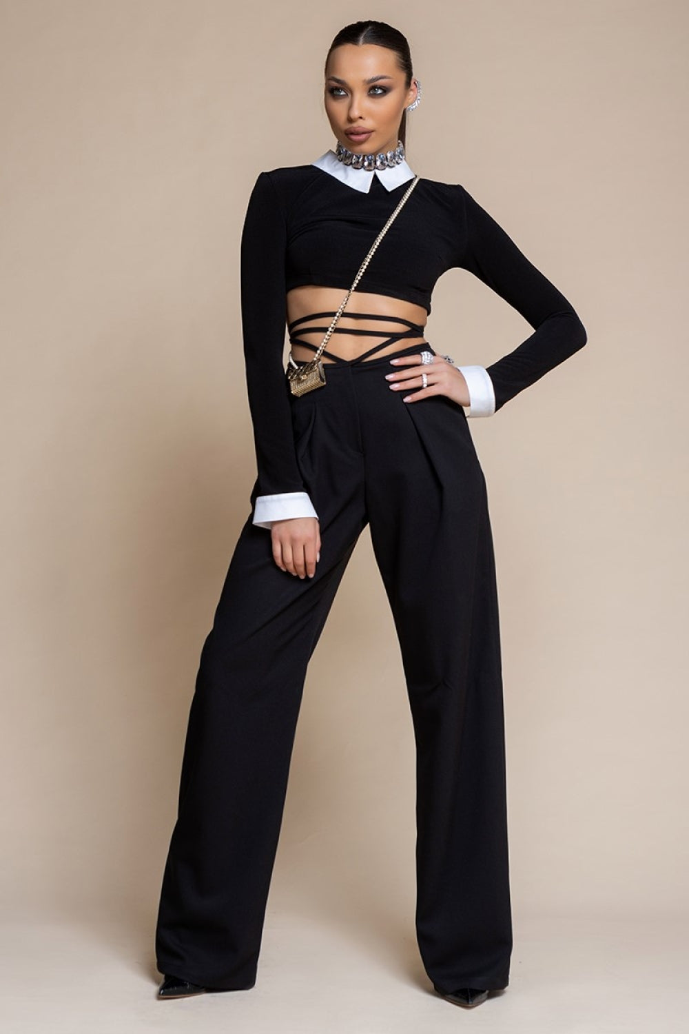 Two Pieces Set Black High Waisted Trousers + Top by Nikole Collection