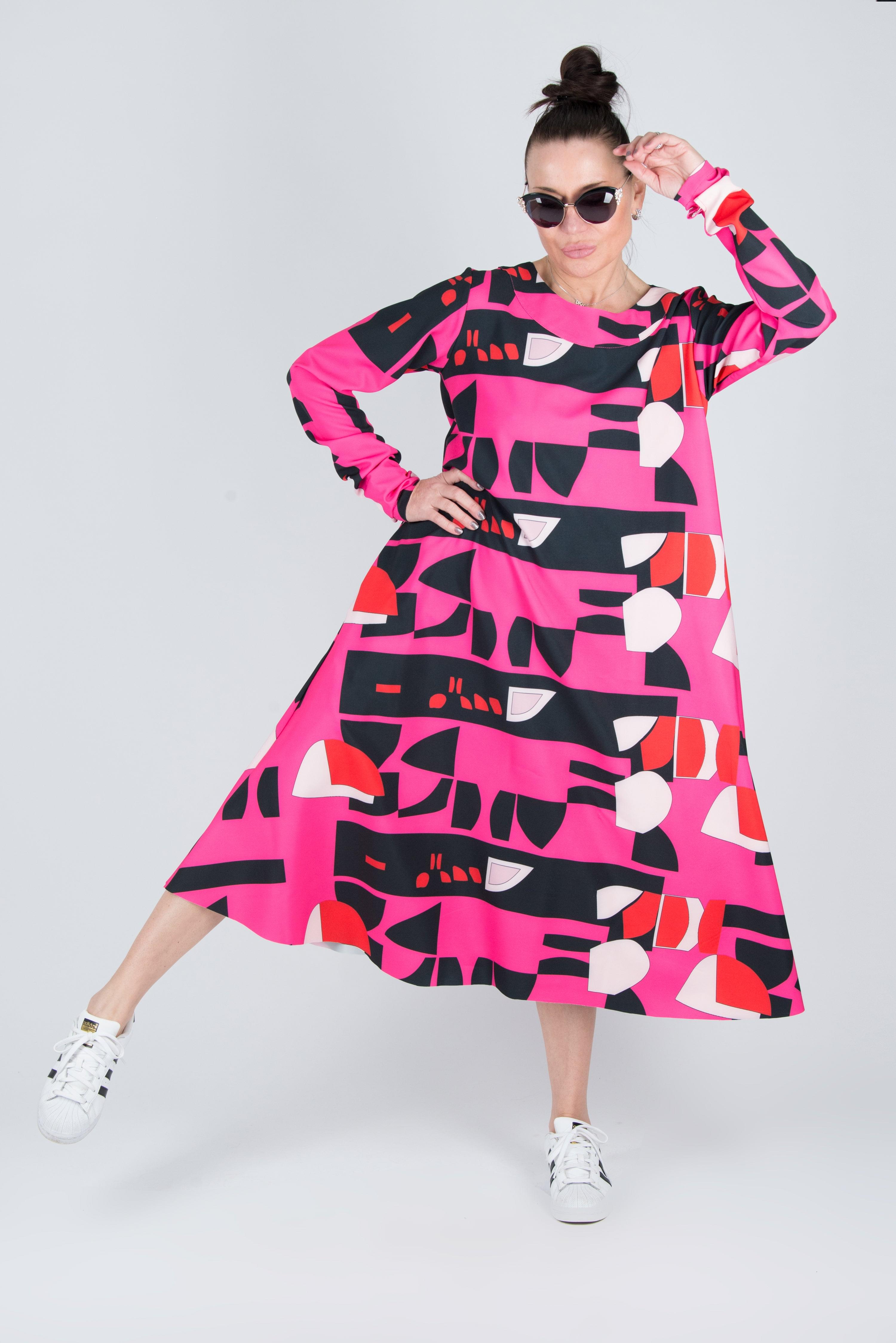 A line Pink Print Dress by EUG Fashion