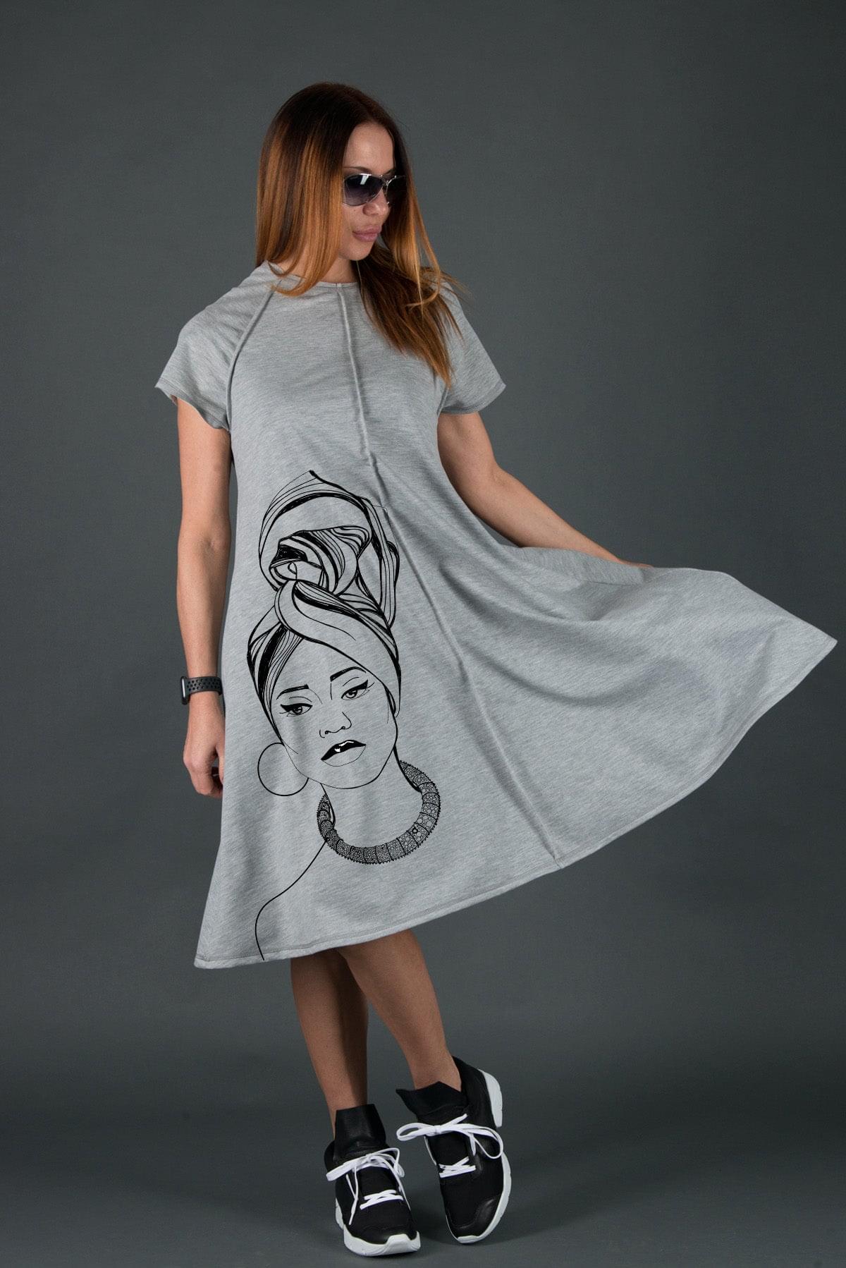 African Woman Grey Cotton Midi Dress by EUG Fashion