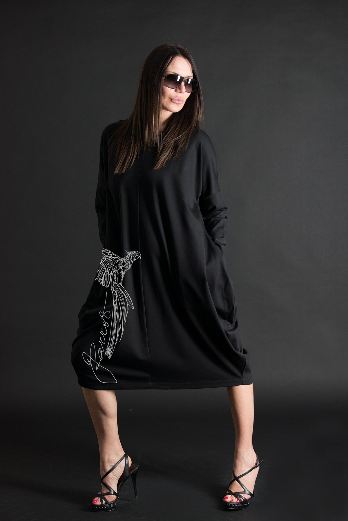 Autumn Black Parrot Print Long Cotton Dress, Dresses & Maxi Dresses