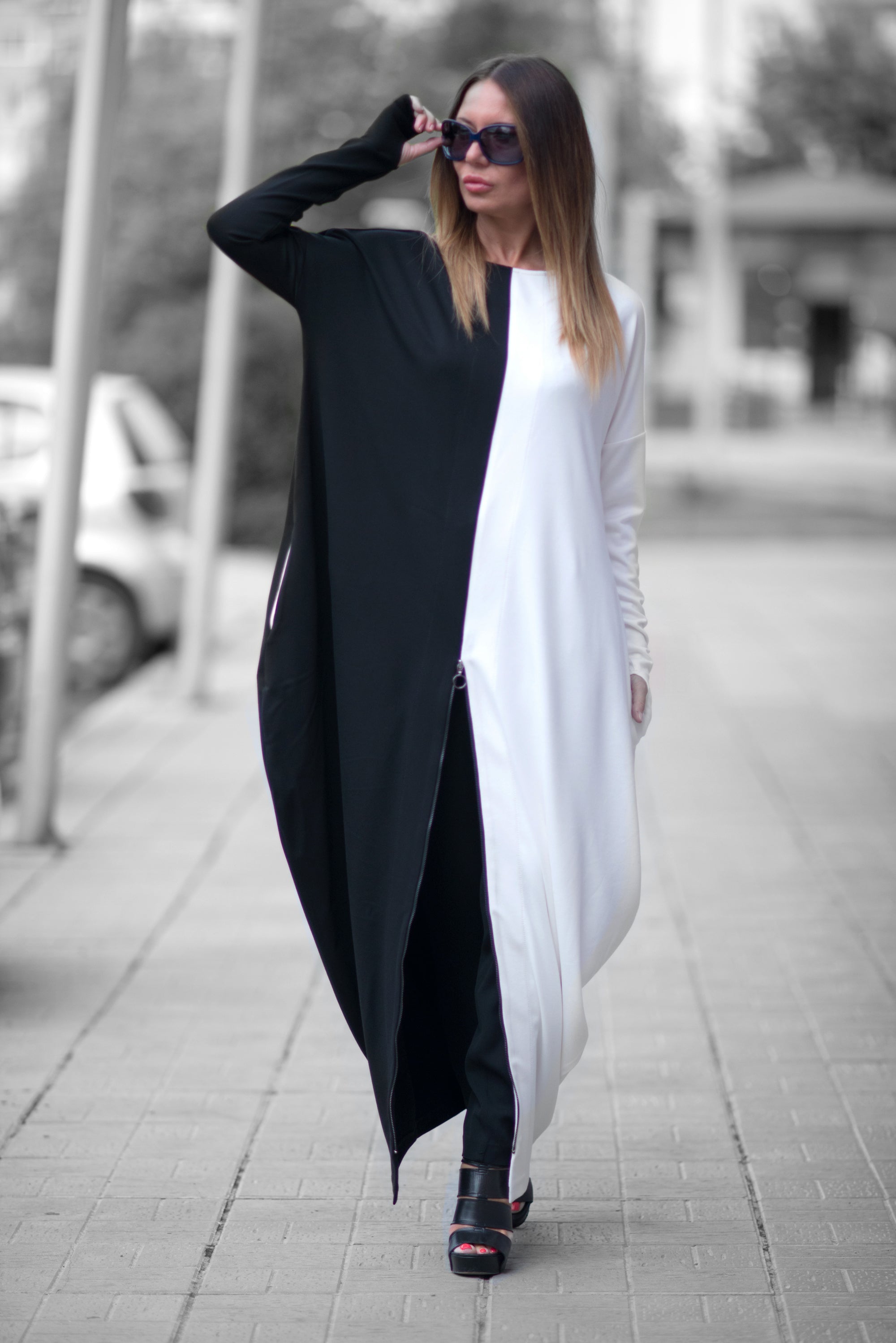 Autumn Black and off White Plus Size Long Cotton Dress by EUG Fashion