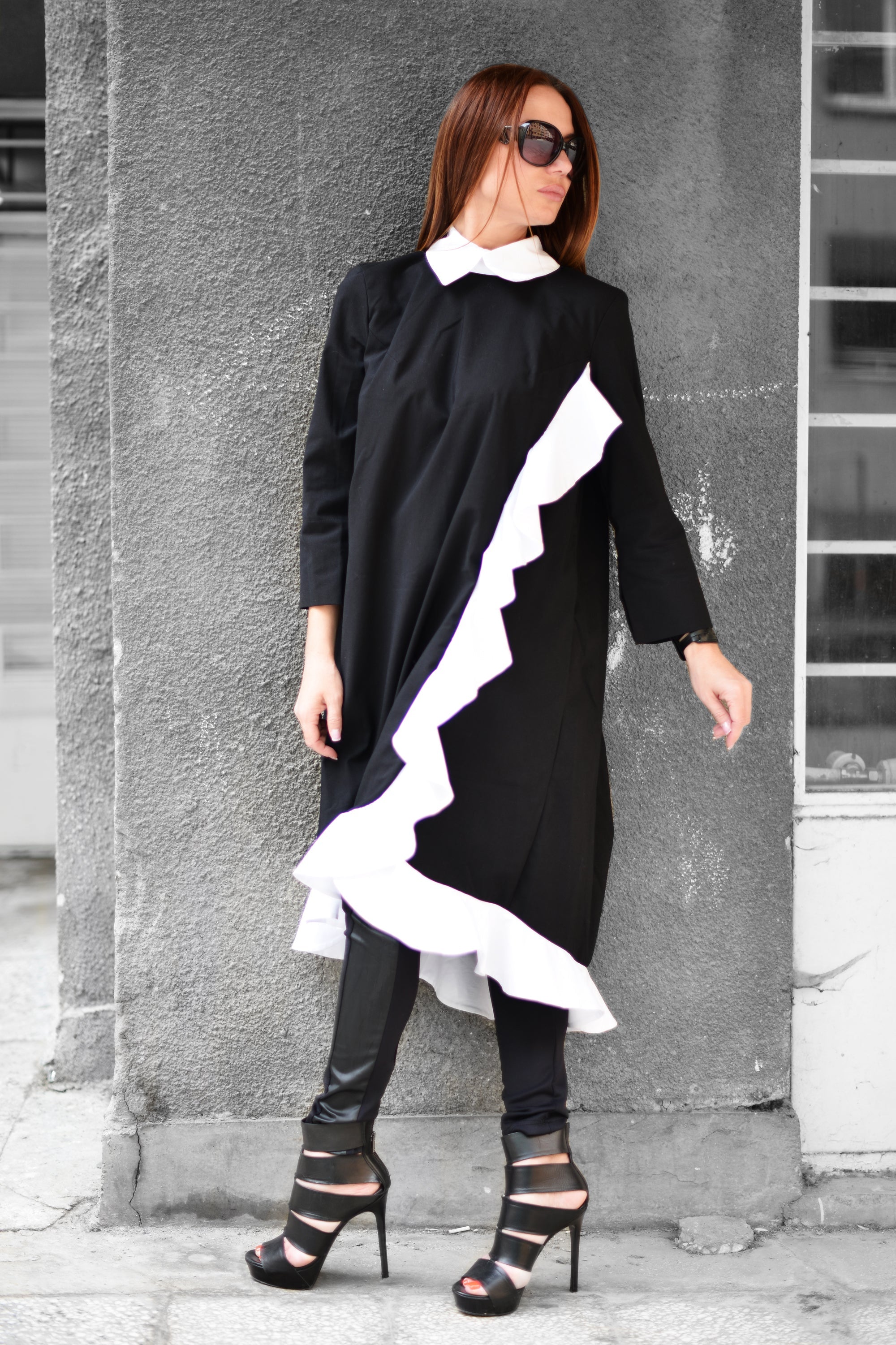 Black and White Ruffle Trendy Plus Size Dress by EUG Fashion