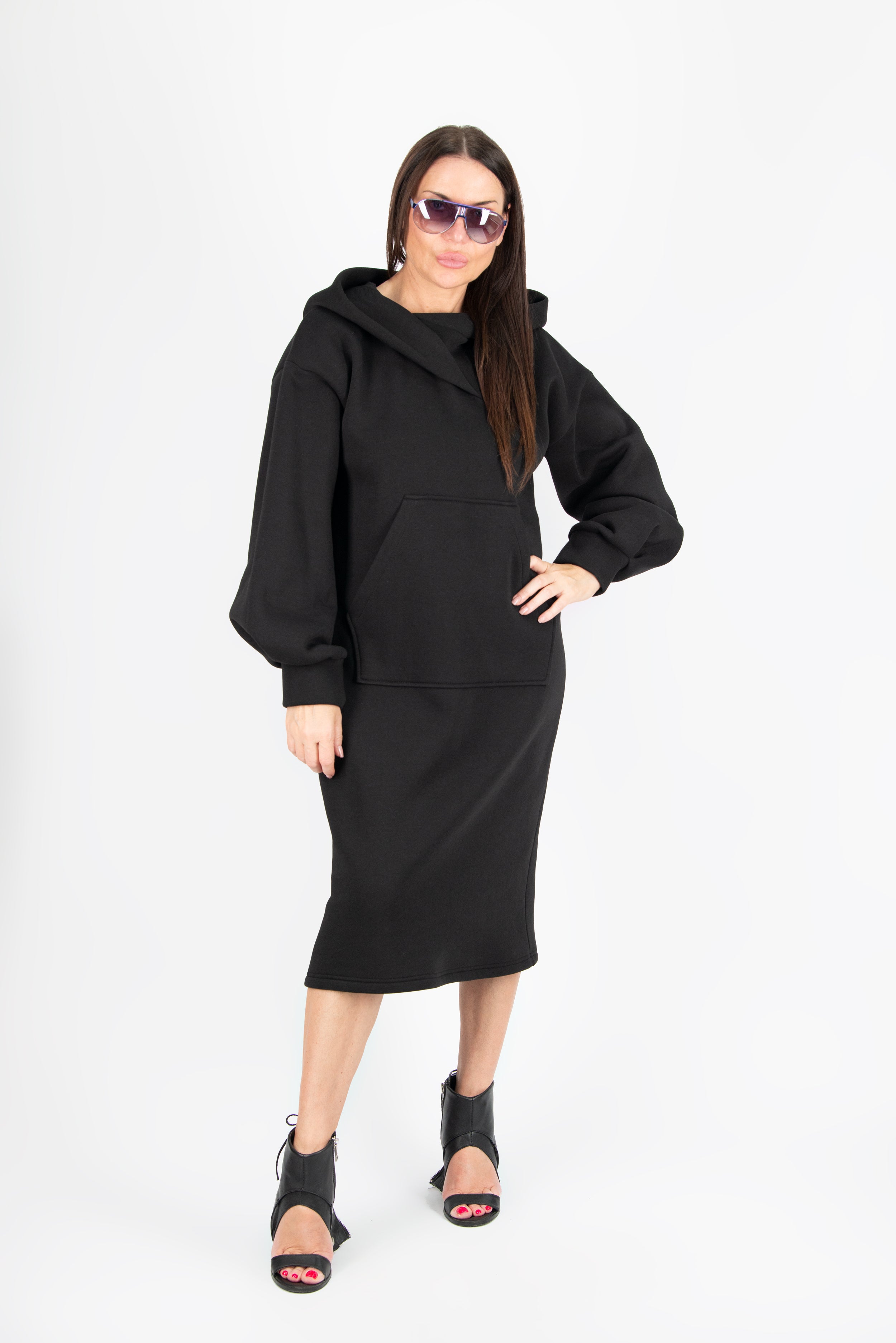 Black Hooded Dress With Wide Long Sleeves by EUG Fashion