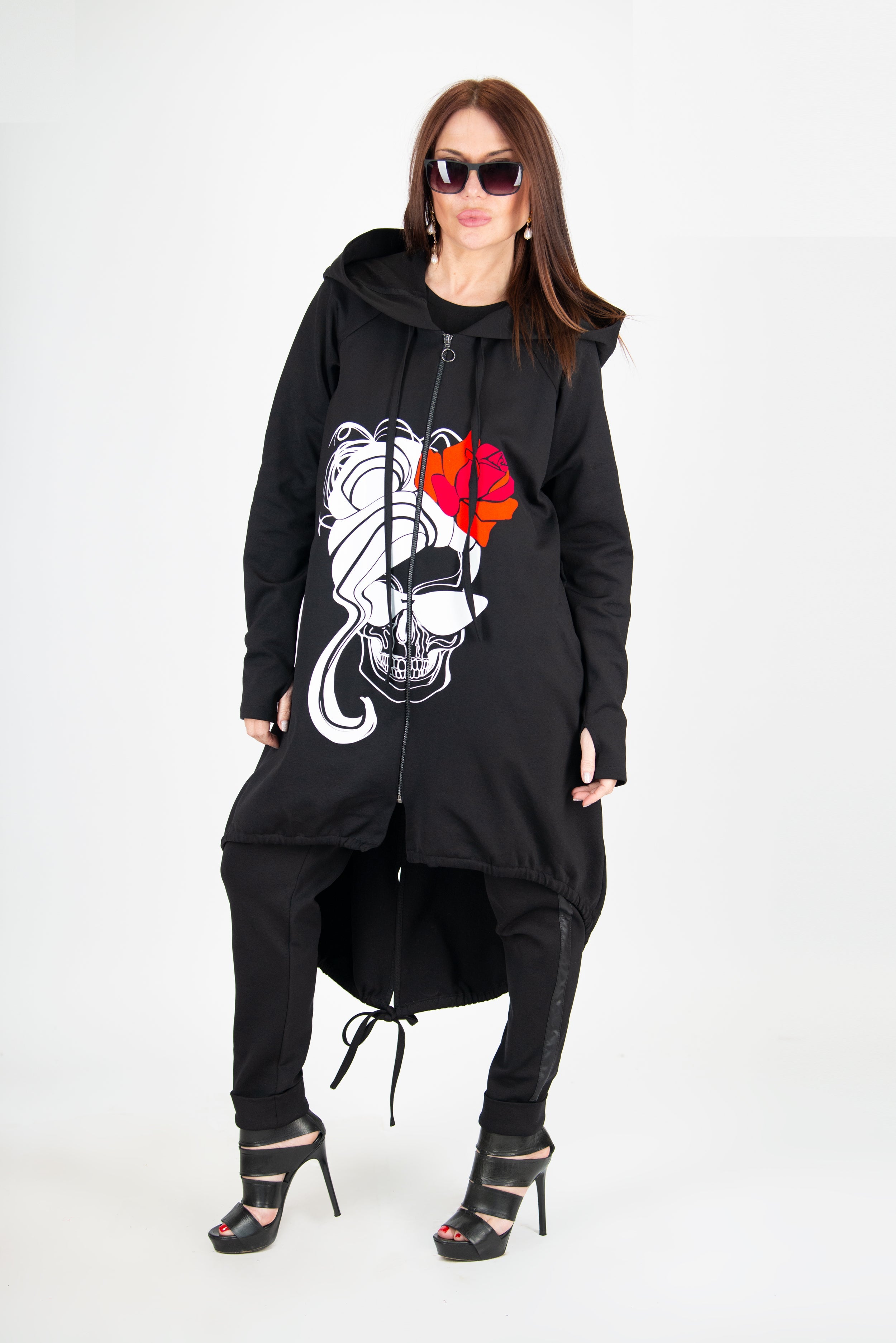 Black Hooded Zipper Sport Jacket with Print by EUG Fashion