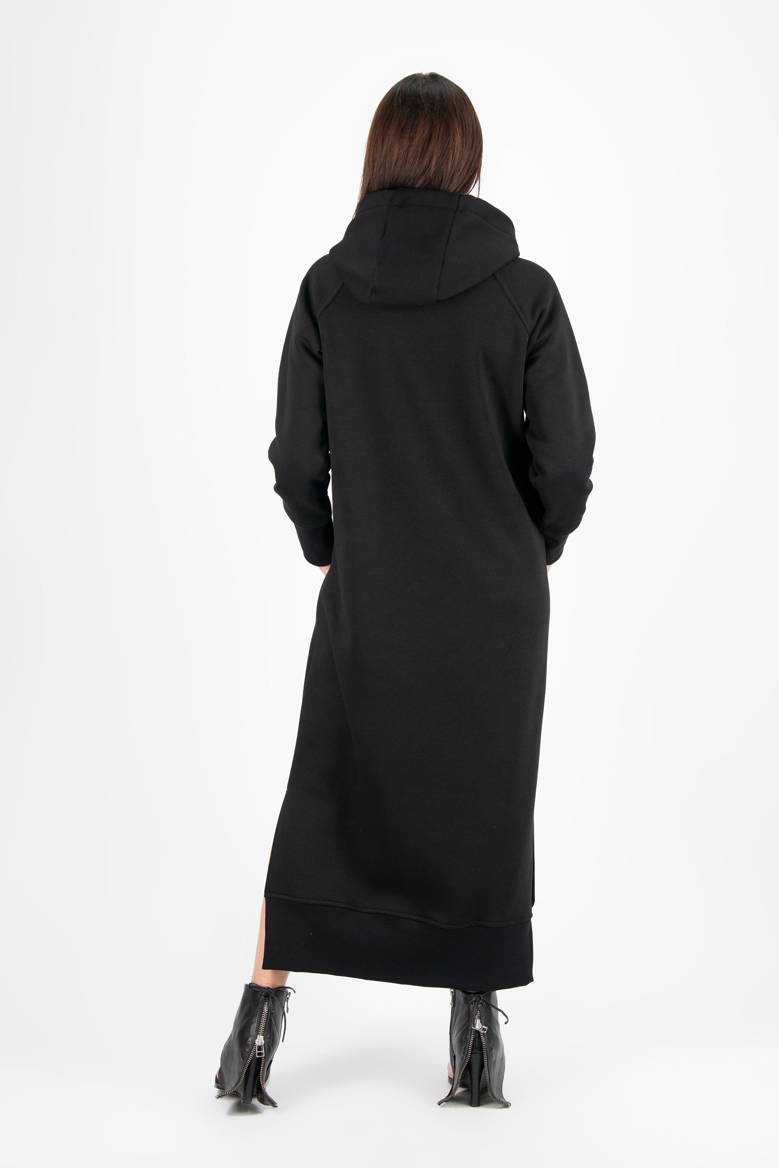 Black Hooded Sweatshirt Dress With Long Sleeves by EUG Fashion