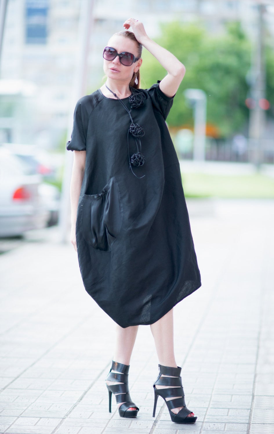 Black Linen Wide Maxi Dress With Satin Pocket, Linen Clothing