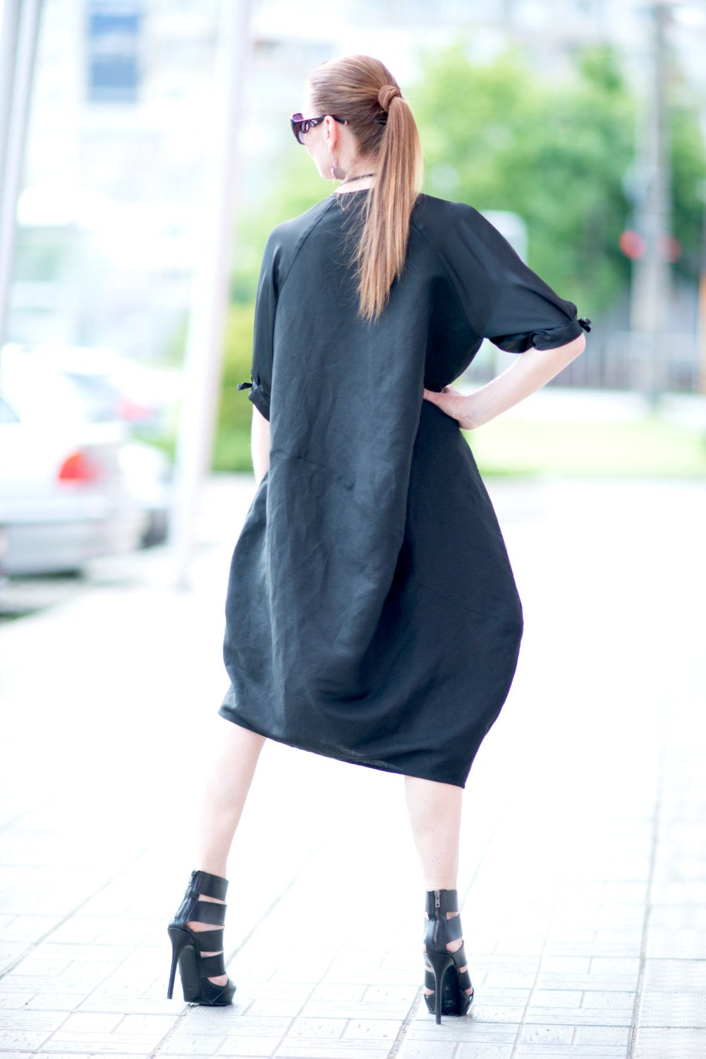 Black Linen Wide Maxi Dress With Satin Pocket, Linen Clothing
