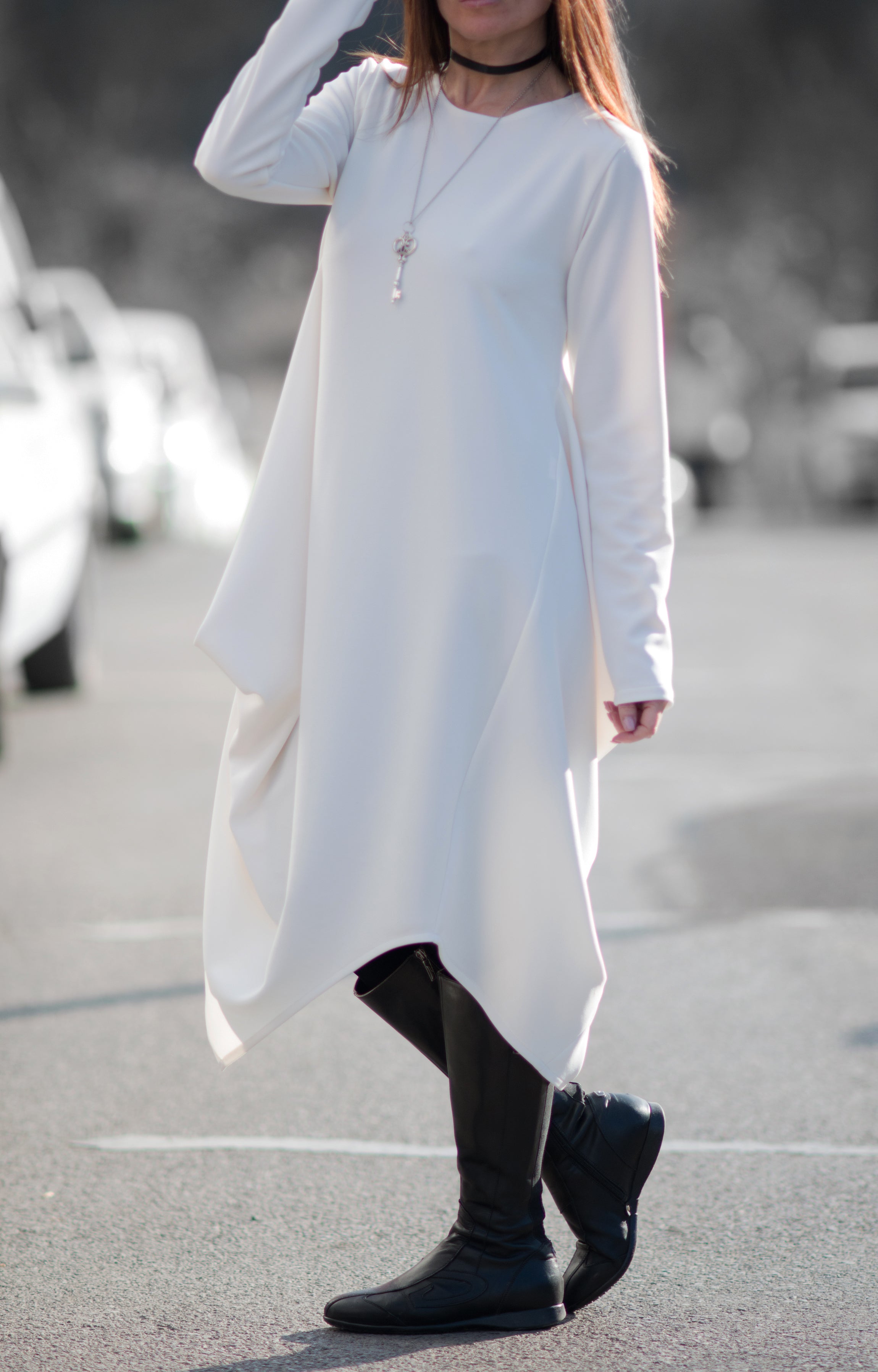 Autumn Winter off White Dress with Long Sleeves by EUG Fashion
