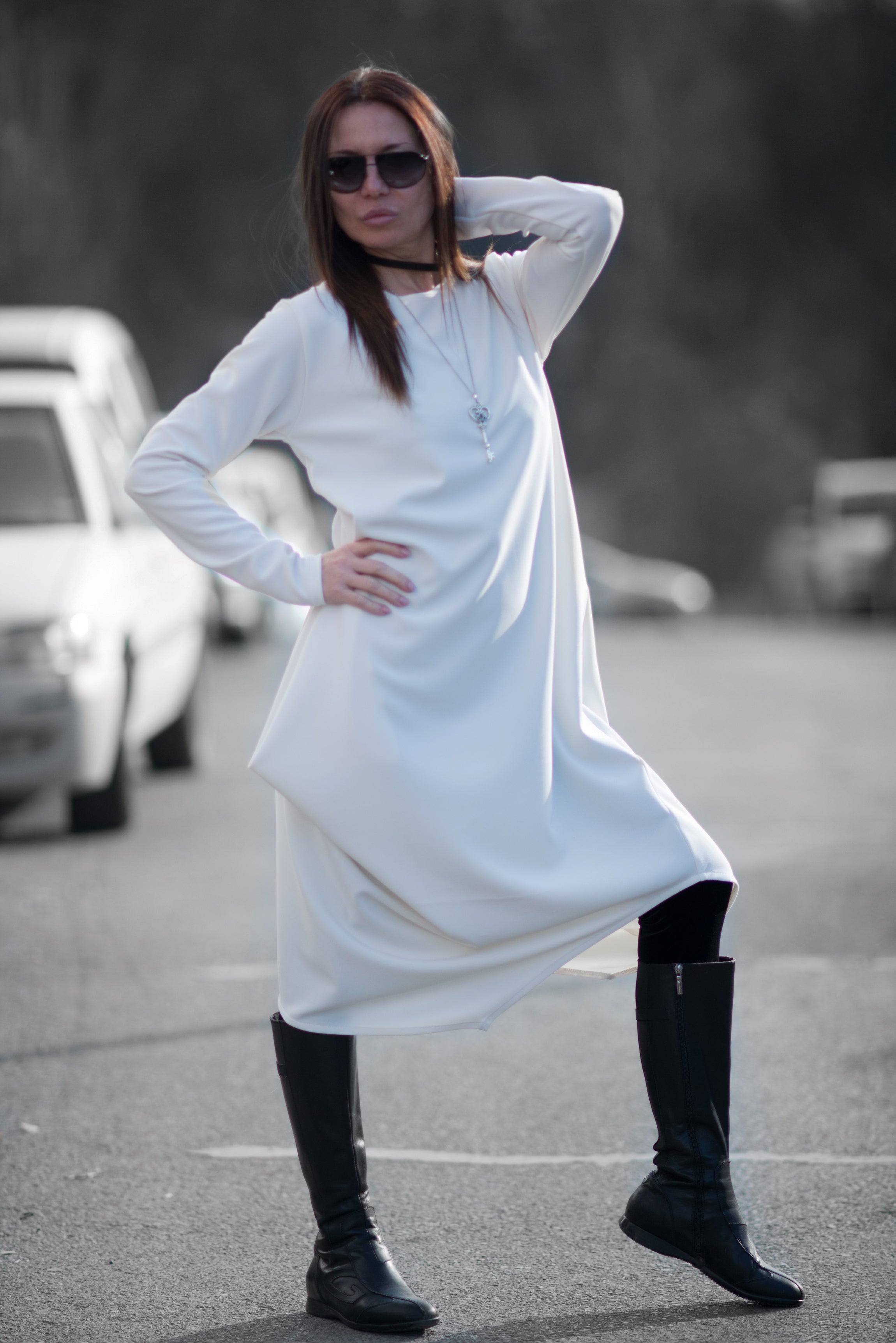 Autumn Winter off White Dress with Long Sleeves by EUG Fashion