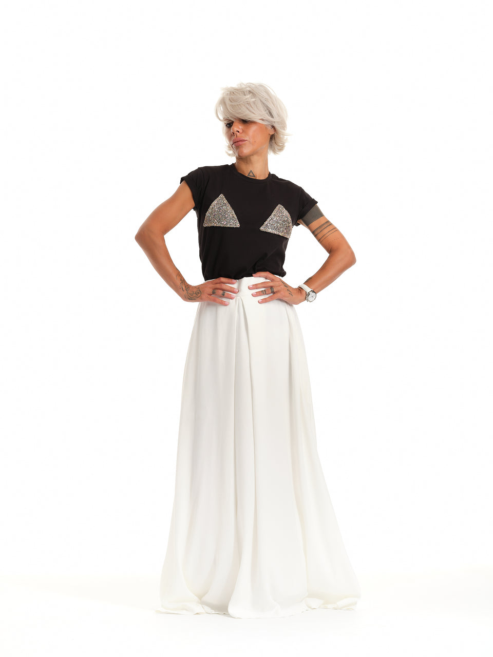 HIGH-WAISTED WHITE MAXI SKIRT WITH ELASTIC WAISTBAND