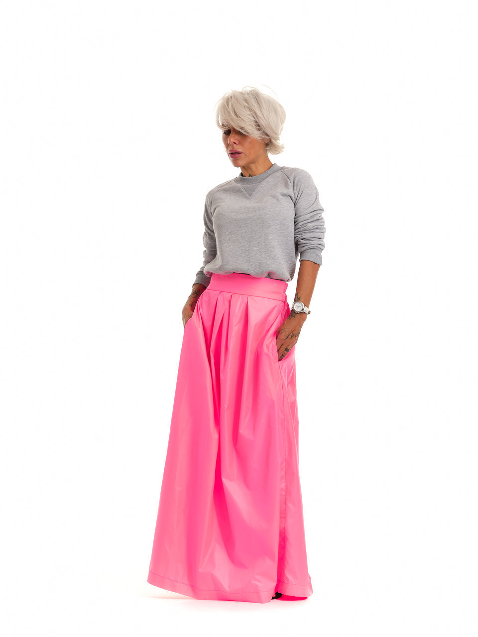 HIGH-WAISTED NEON PINK MAXI SKIRT WITH ELASTIC WAISTBAND