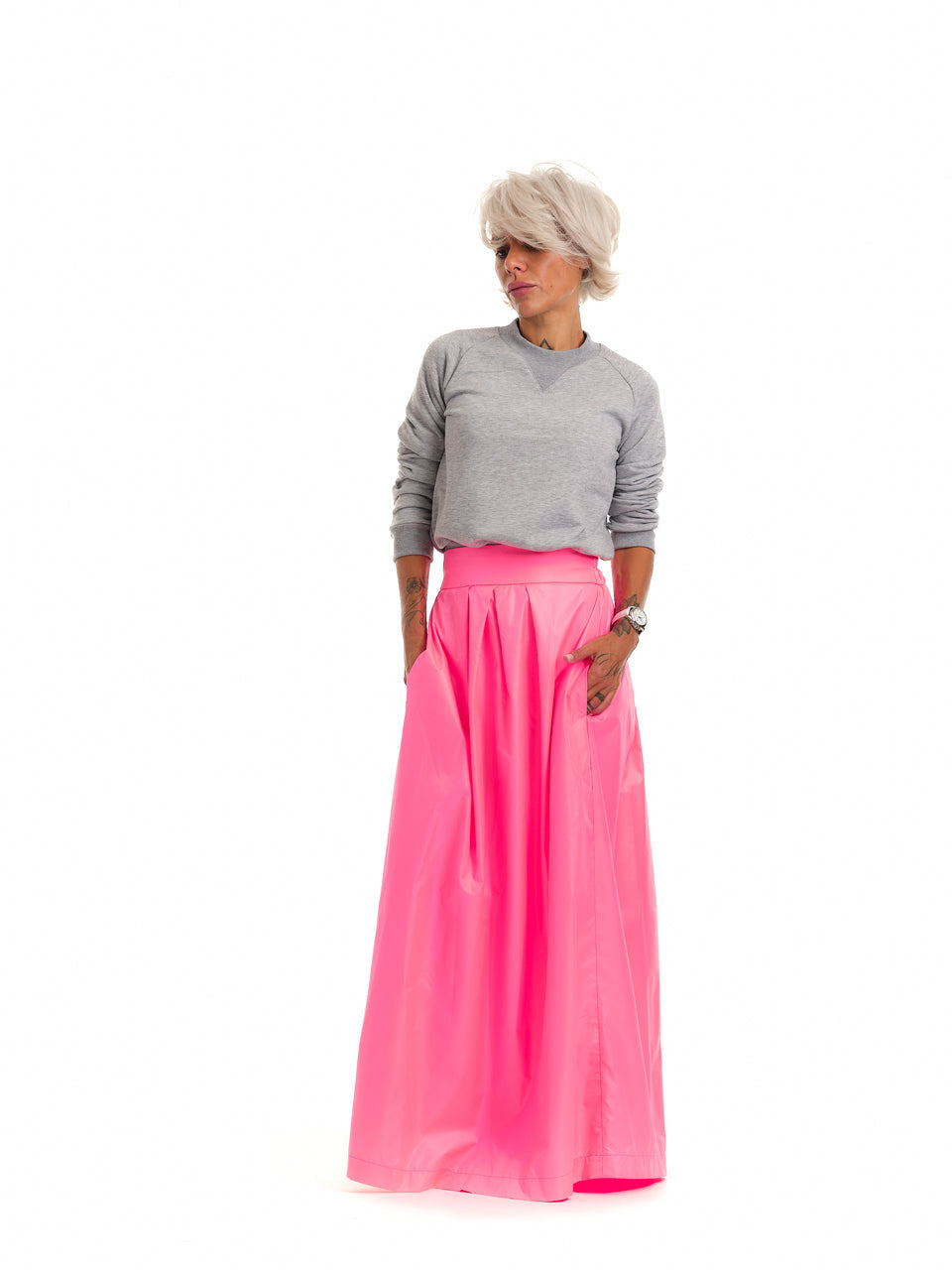 HIGH-WAISTED NEON PINK MAXI SKIRT WITH ELASTIC WAISTBAND