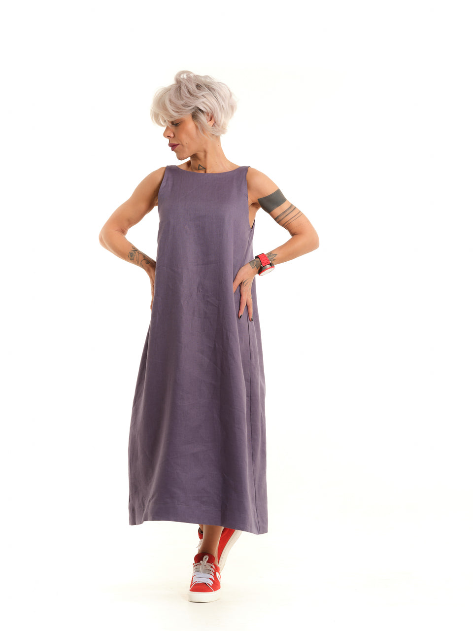 MAUVE OPEN-BACK LINEN DRESS