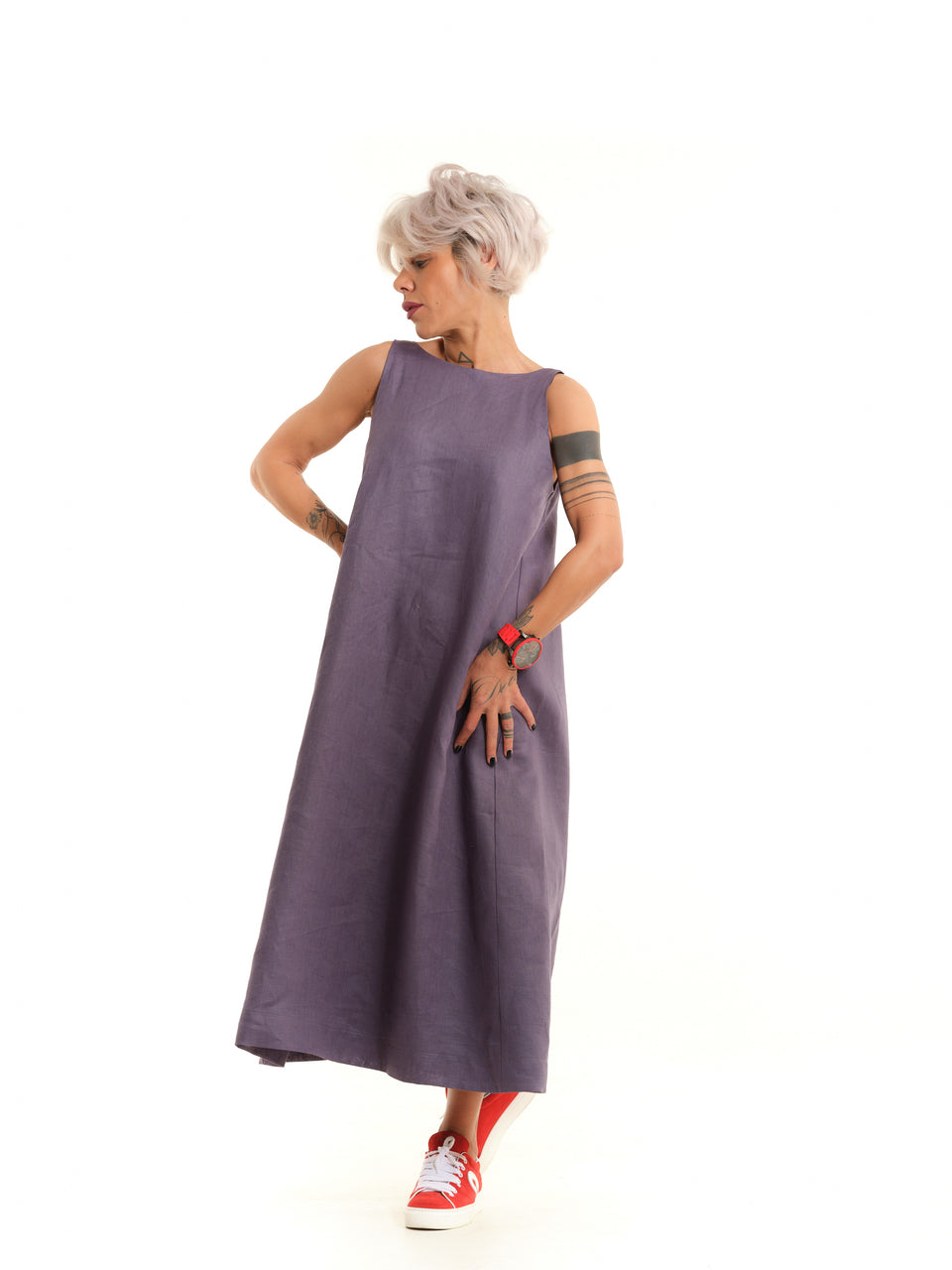 MAUVE OPEN-BACK LINEN DRESS