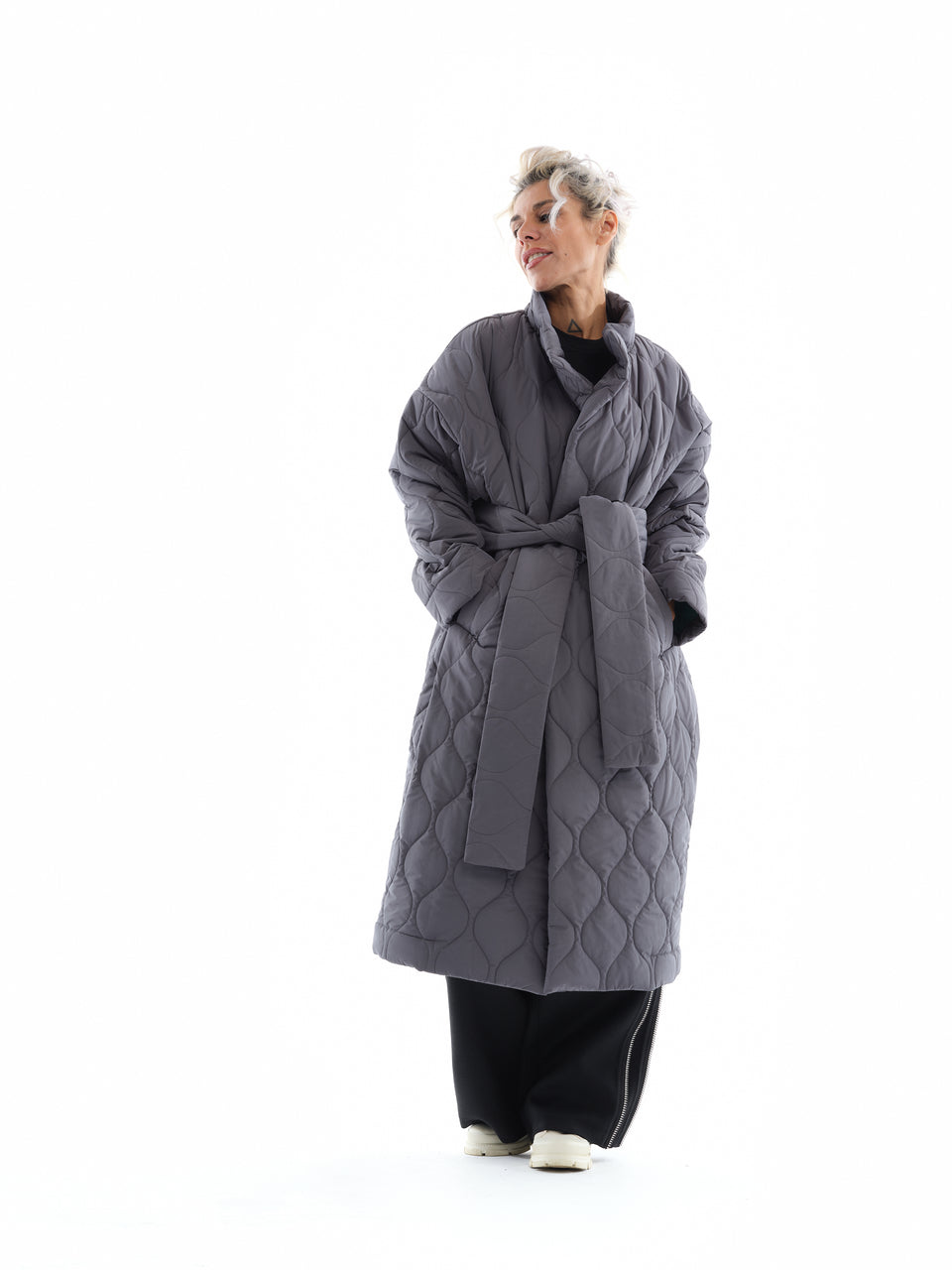 GREY BELTED QUILTED COAT