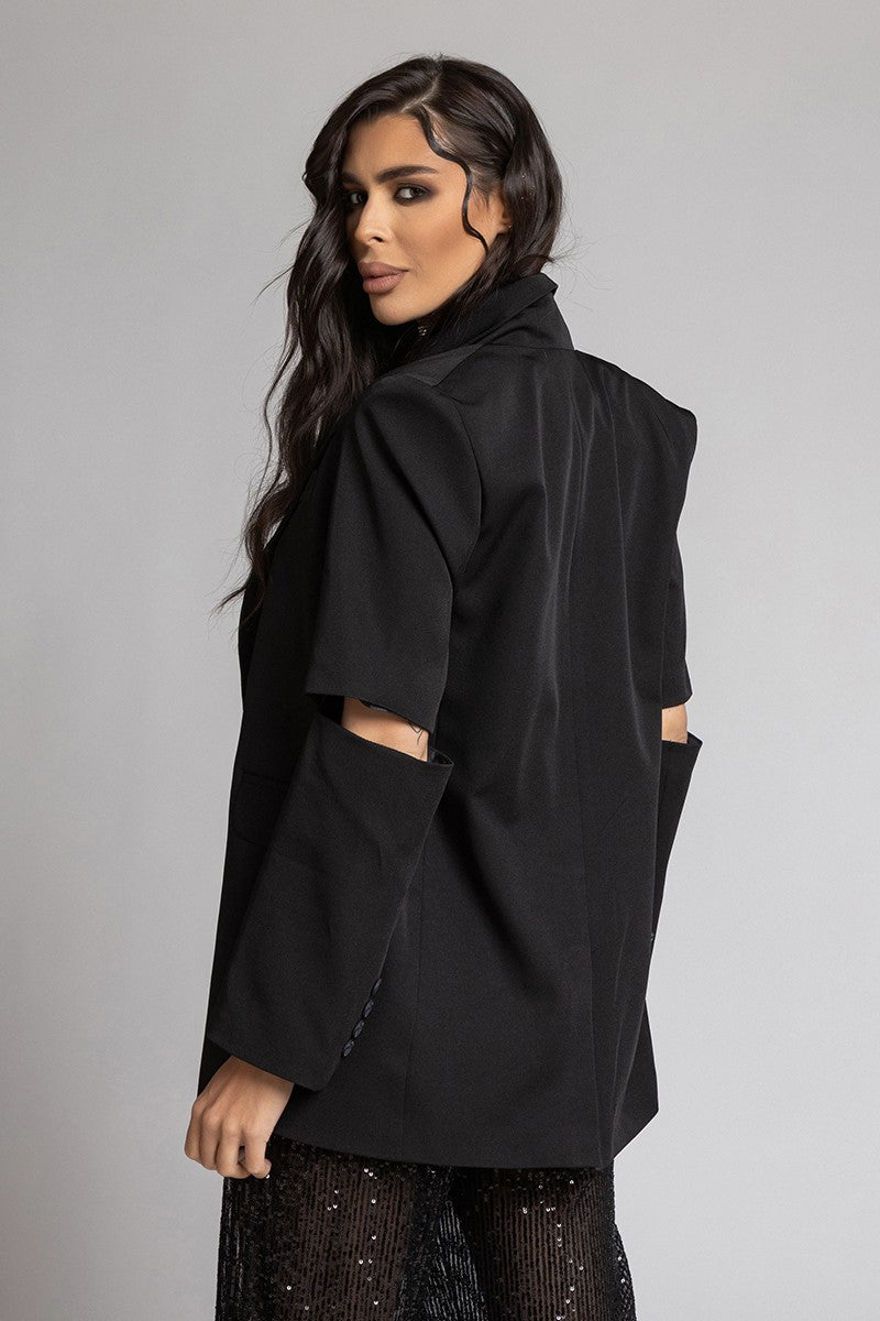 Black blazer with cut out sleeves by Nikole Collection