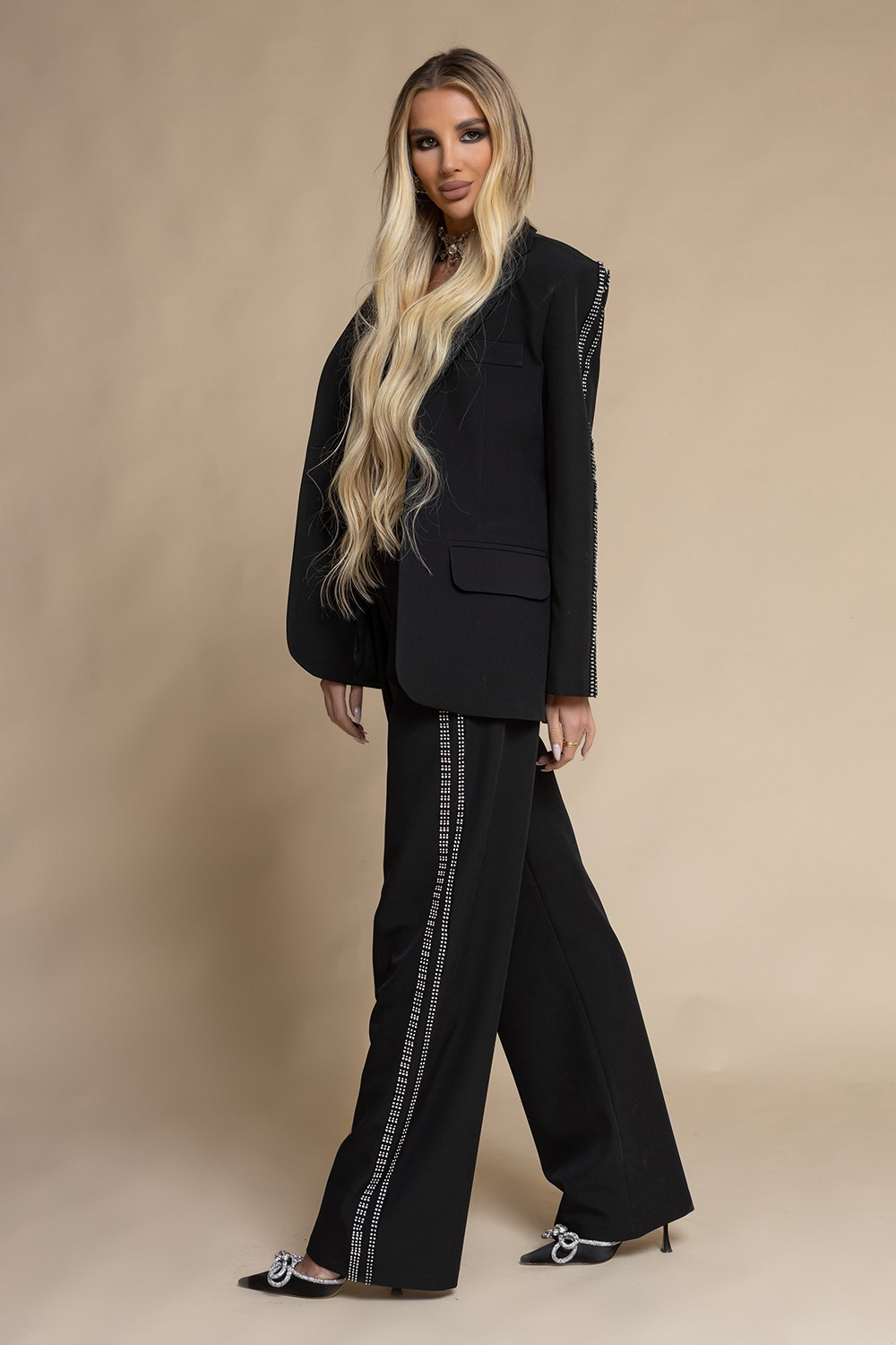 Two piece suit Women Black Blazer and pants rhinestones set