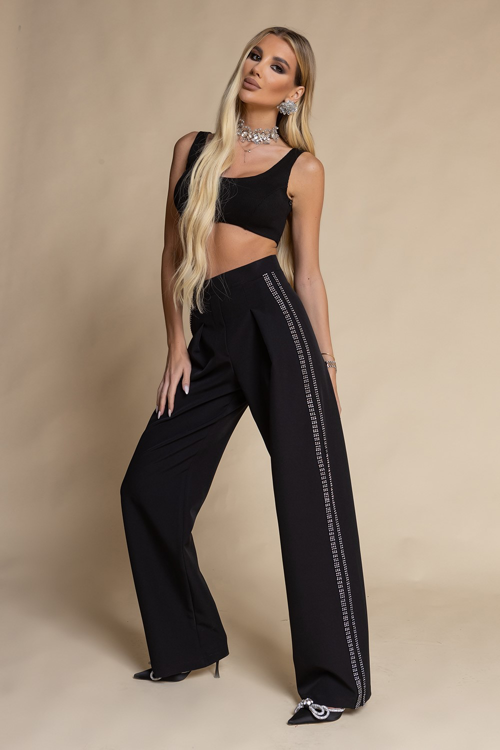 Two piece suit Women Black Blazer and pants rhinestones set