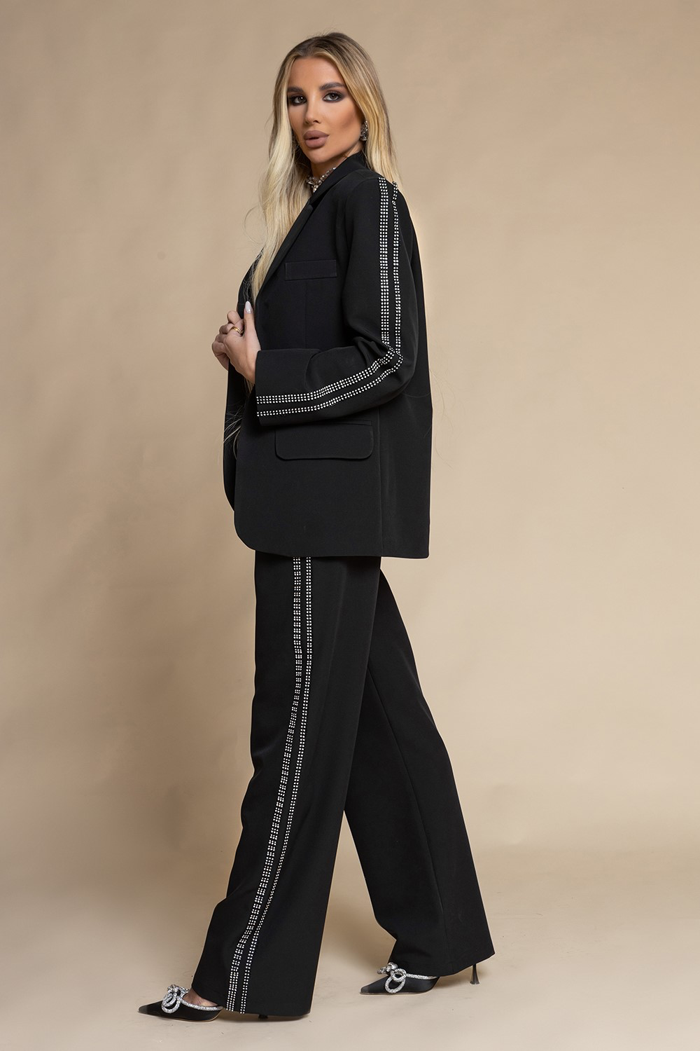 Two piece suit Women Black Blazer and pants rhinestones set