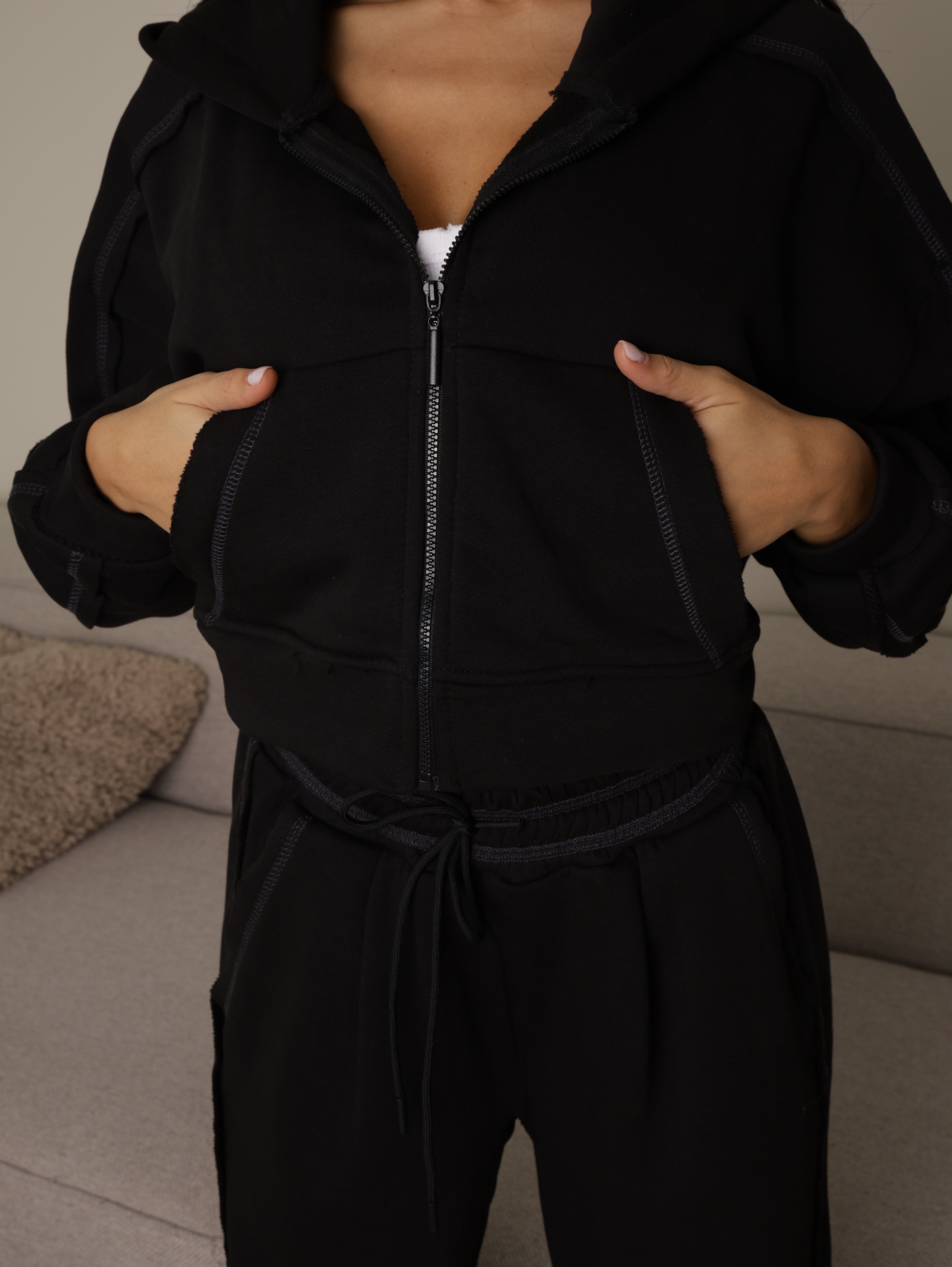 2- piece Loose Fit Distressed  Hoodie and Joggers set - Black