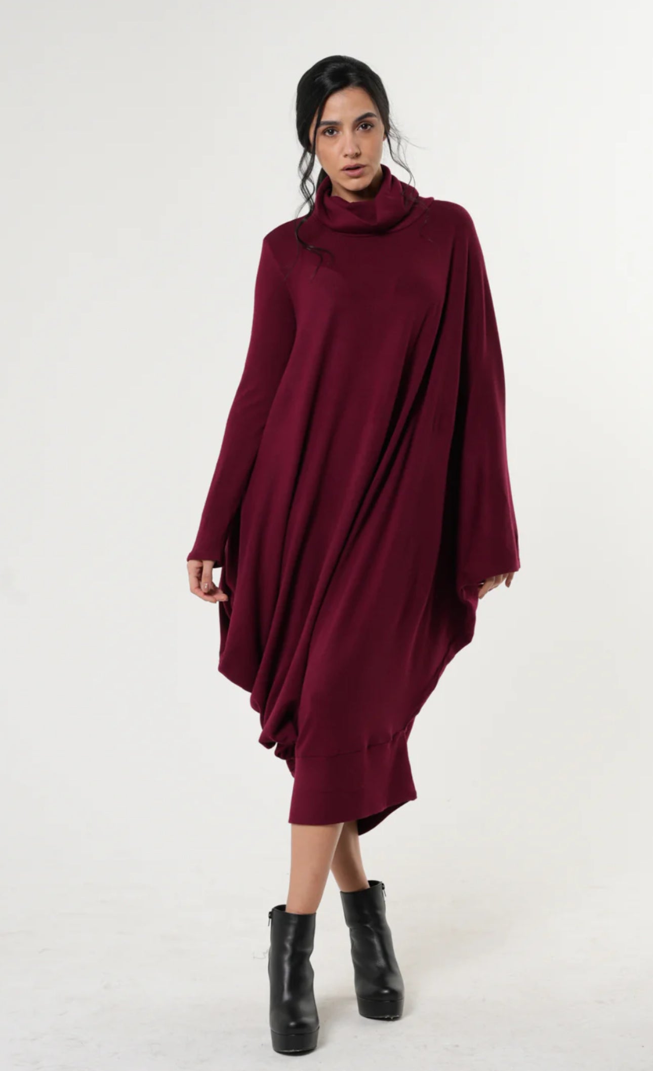 Burgundy Long Loose Turtleneck Dress by Metamorphoza