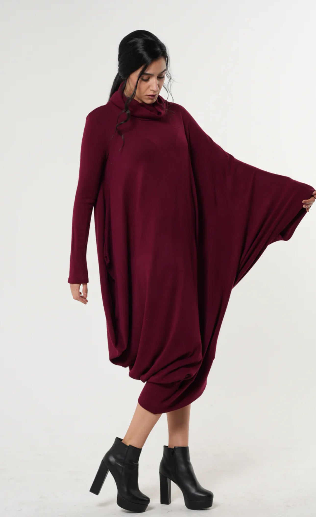 Burgundy Long Loose Turtleneck Dress by Metamorphoza