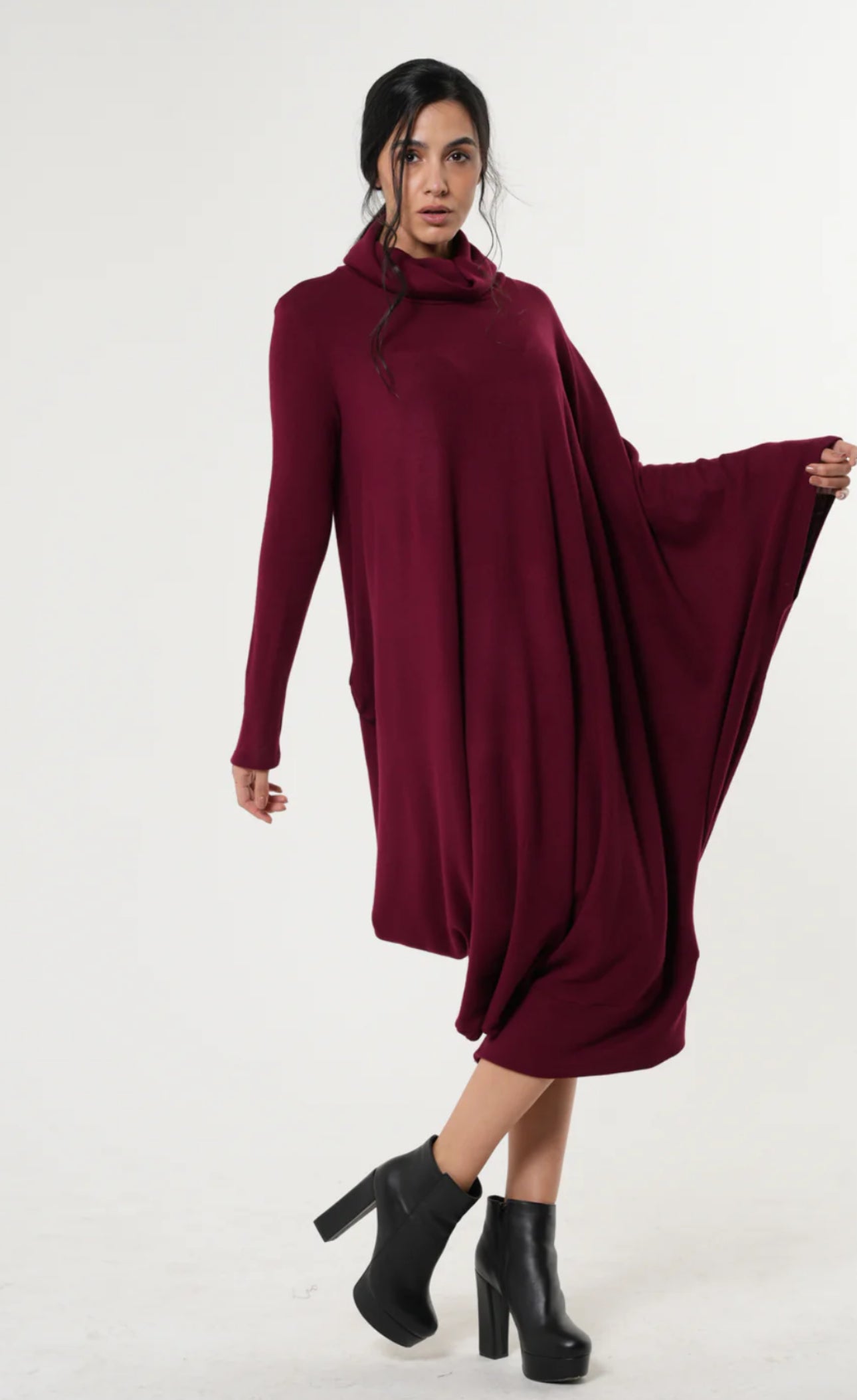 Burgundy Long Loose Turtleneck Dress by Metamorphoza