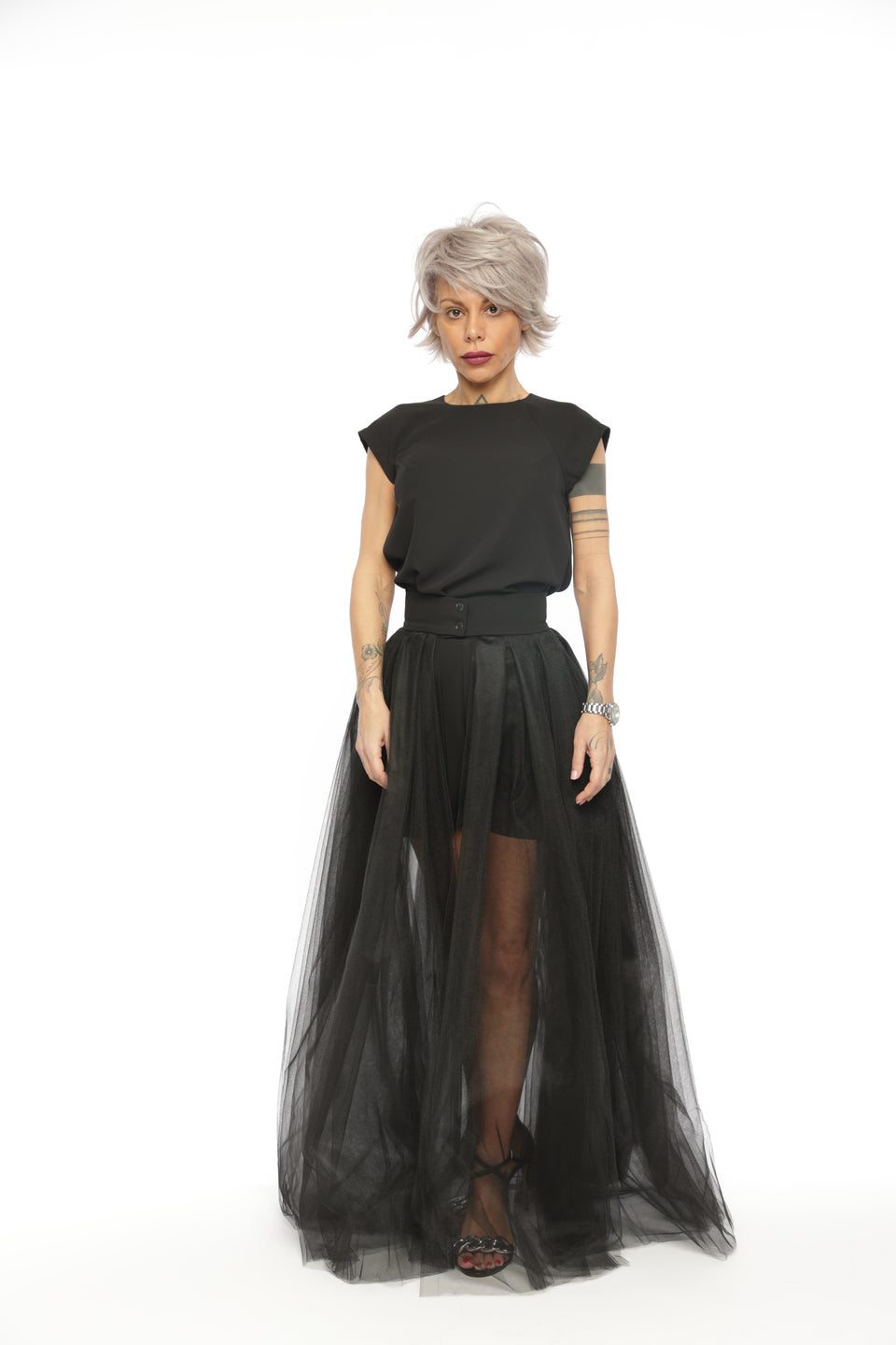 3-PIECE OPEN-BACK TOP, HIGH-WAISTED SHORTS AND TULLE SKIRT CO-ORD SET IN BLACK