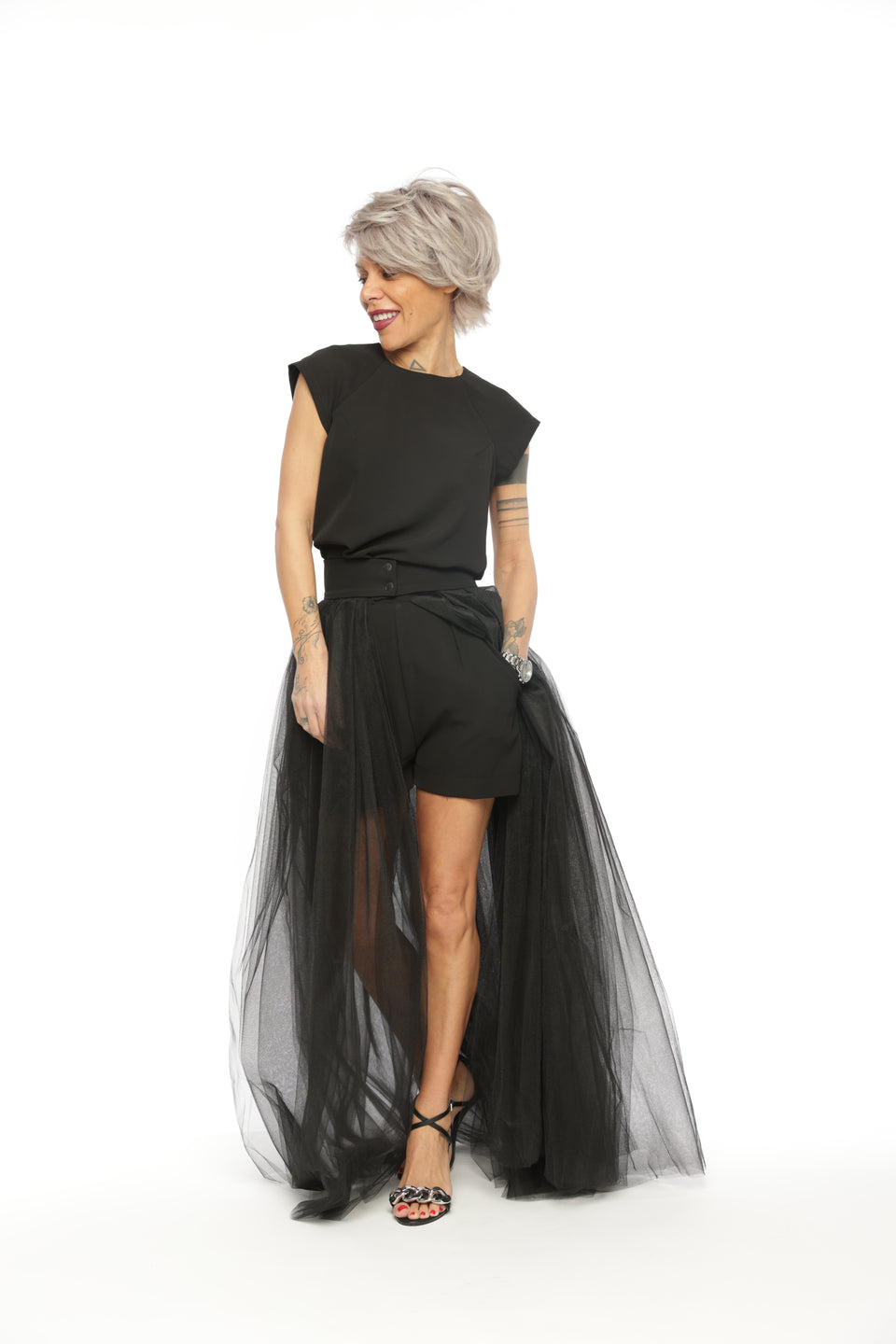 3-PIECE OPEN-BACK TOP, HIGH-WAISTED SHORTS AND TULLE SKIRT CO-ORD SET IN BLACK