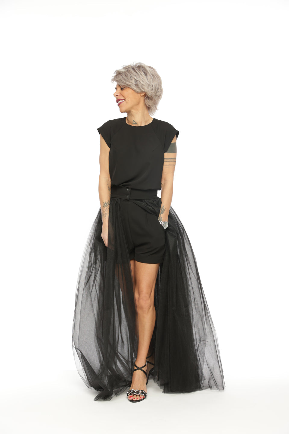 3-PIECE OPEN-BACK TOP, HIGH-WAISTED SHORTS AND TULLE SKIRT CO-ORD SET IN BLACK