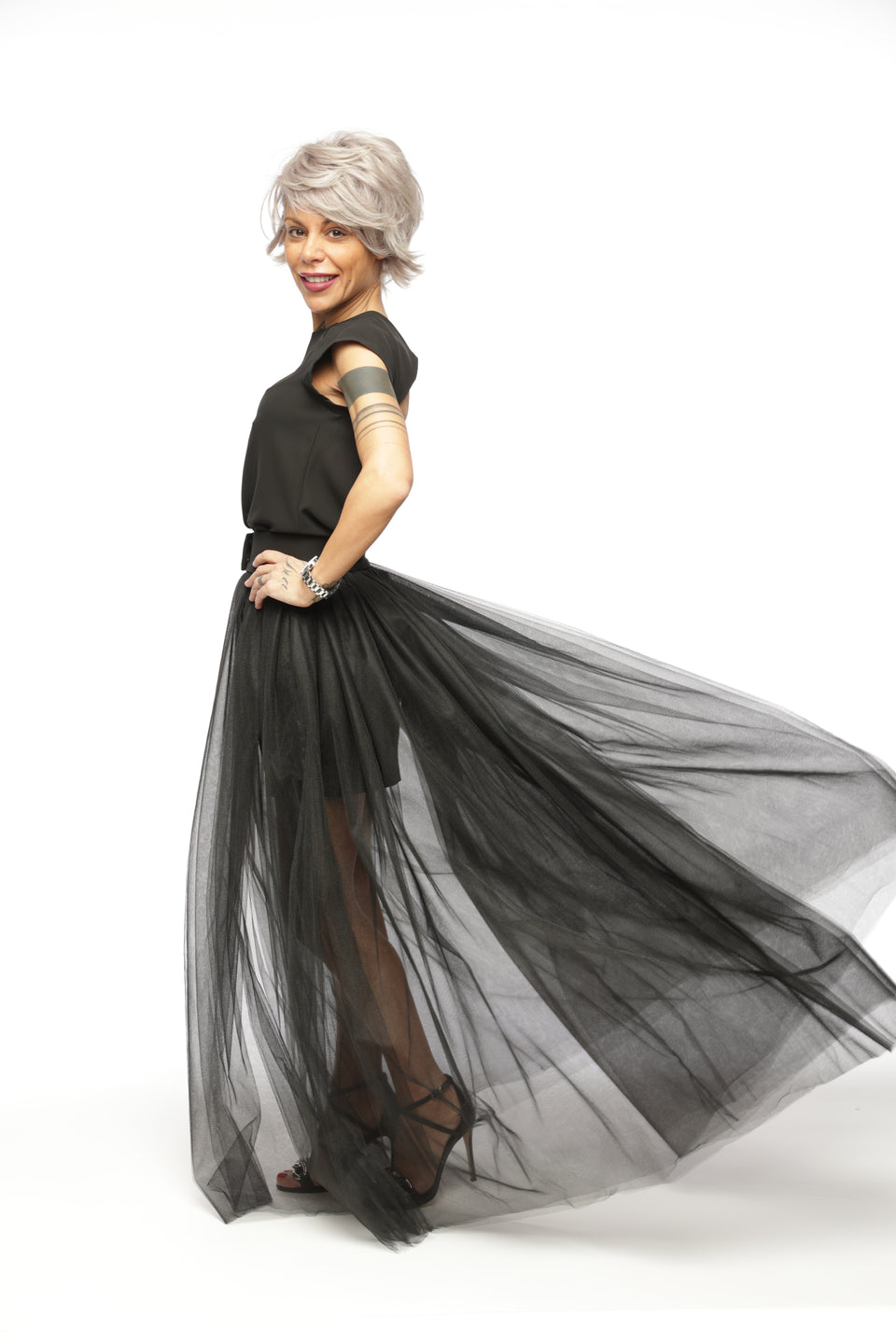 3-PIECE OPEN-BACK TOP, HIGH-WAISTED SHORTS AND TULLE SKIRT CO-ORD SET IN BLACK