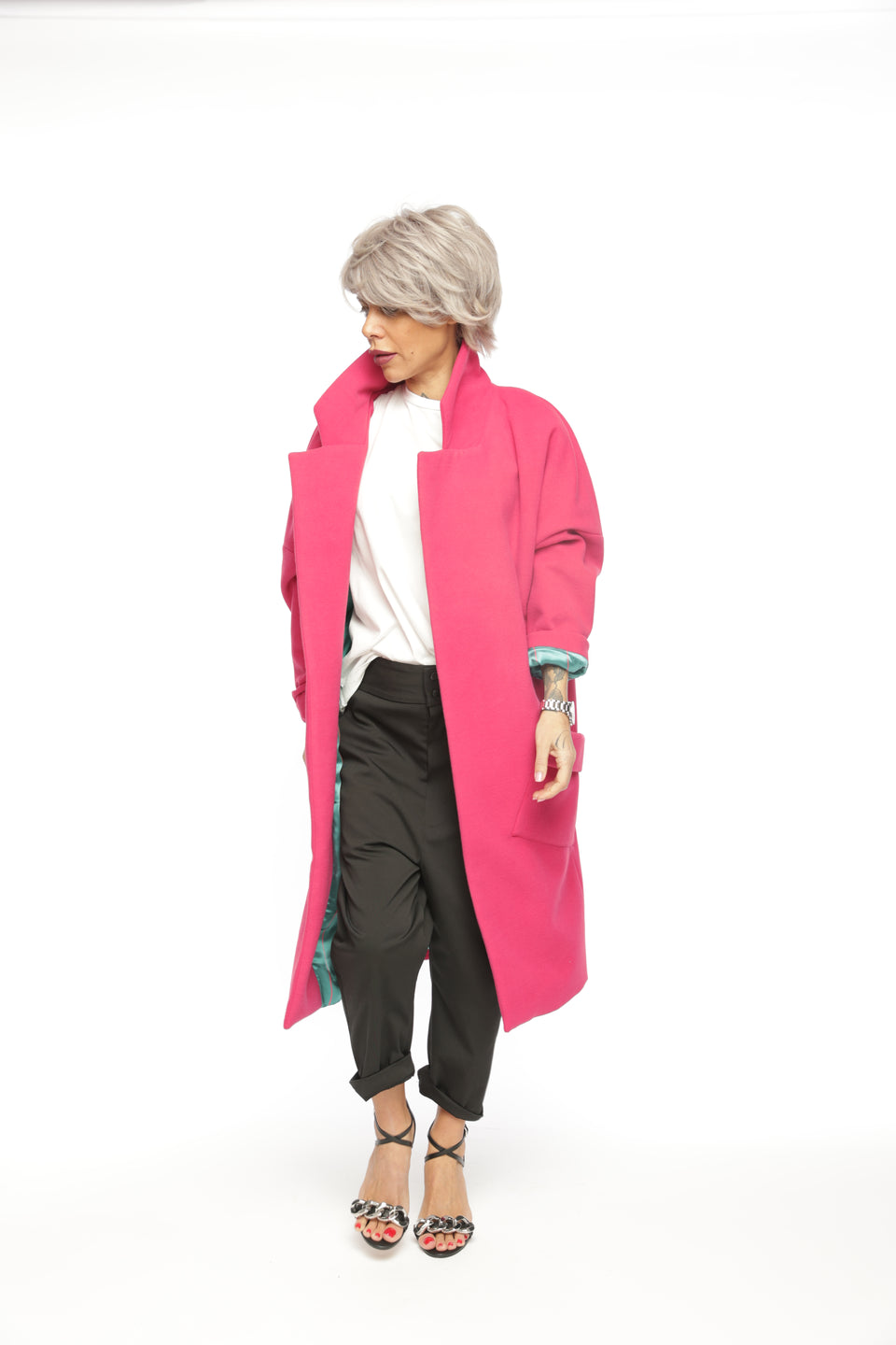 RELAXED PINK COLOR BLOCKING COAT WITH TEAL LINING
