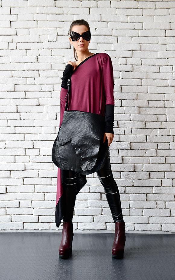 Asymmetric Genuine Leather Tote Bag by Metamorphoza