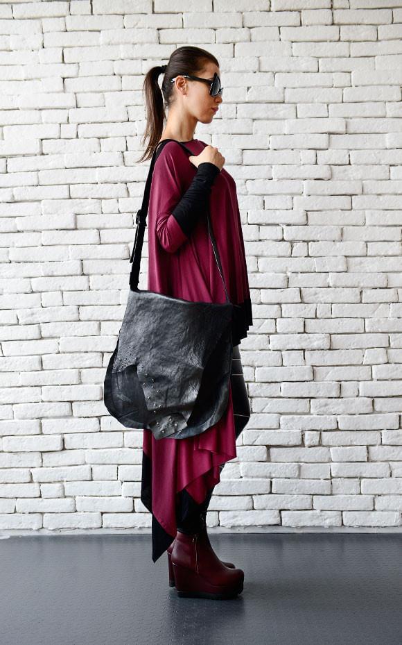 Asymmetric Genuine Leather Tote Bag by Metamorphoza