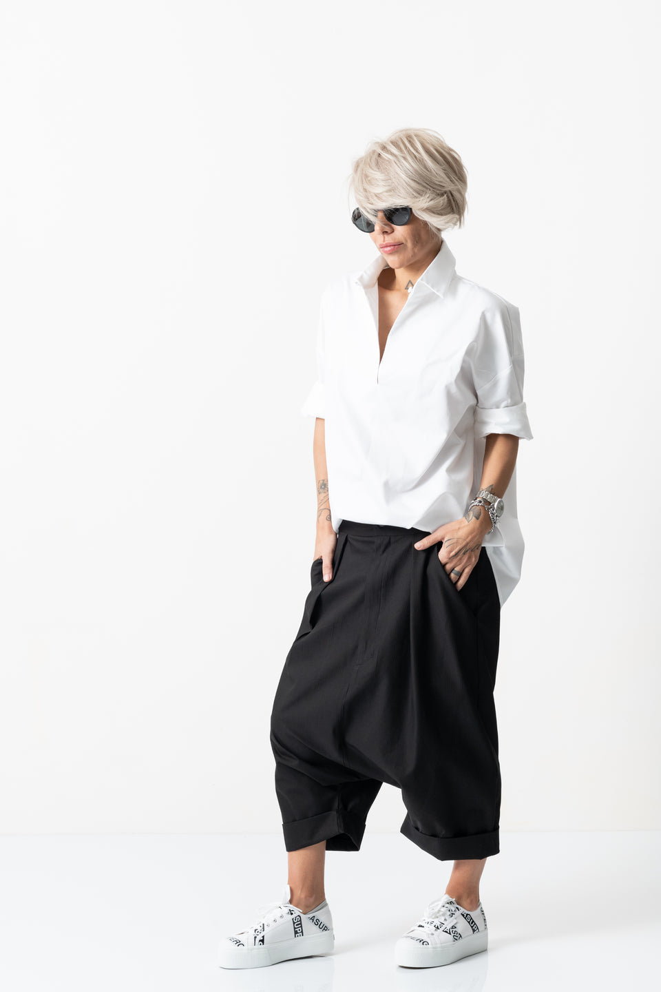 BLACK DROP CROTCH TROUSERS WITH POCKETS