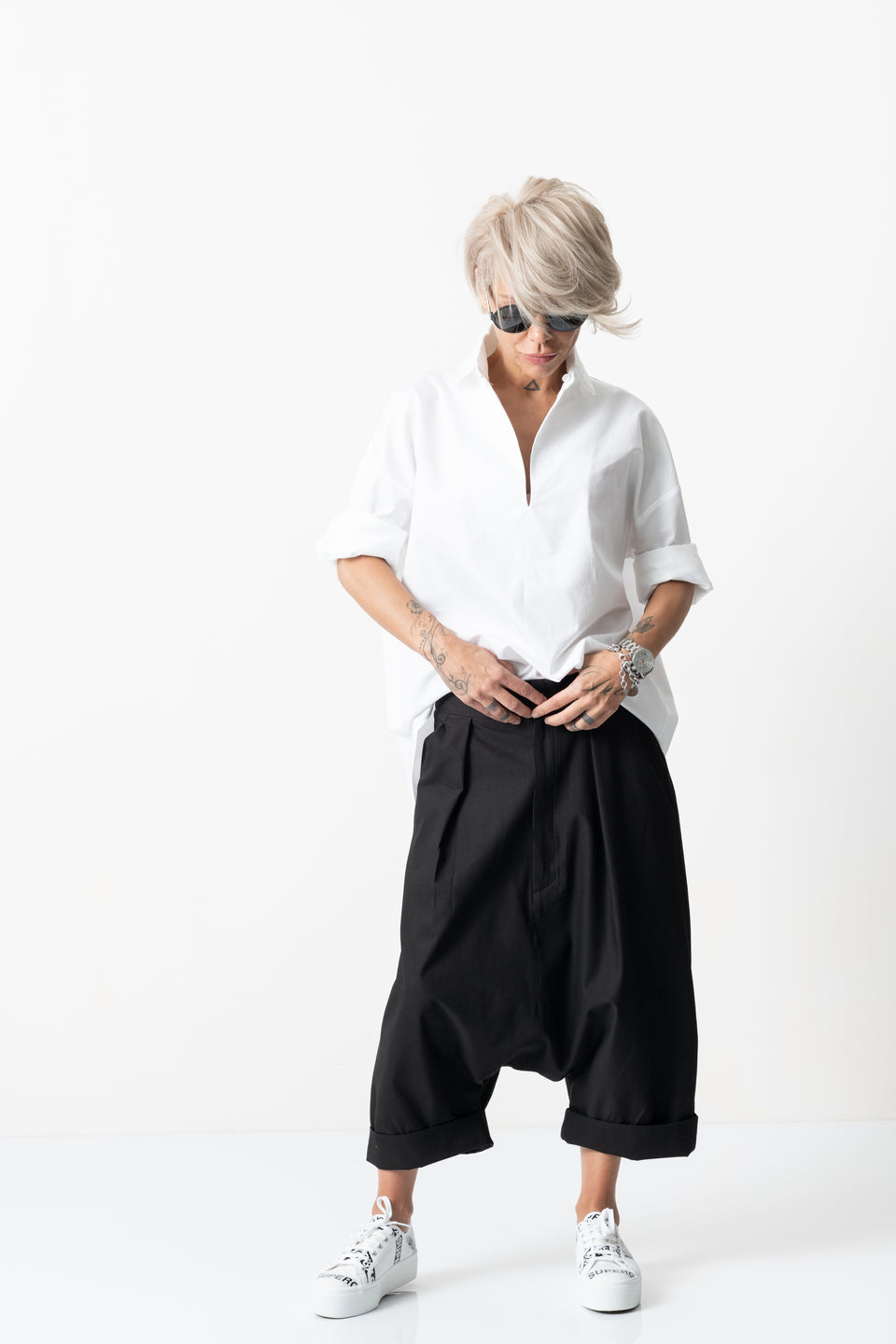 BLACK DROP CROTCH TROUSERS WITH POCKETS