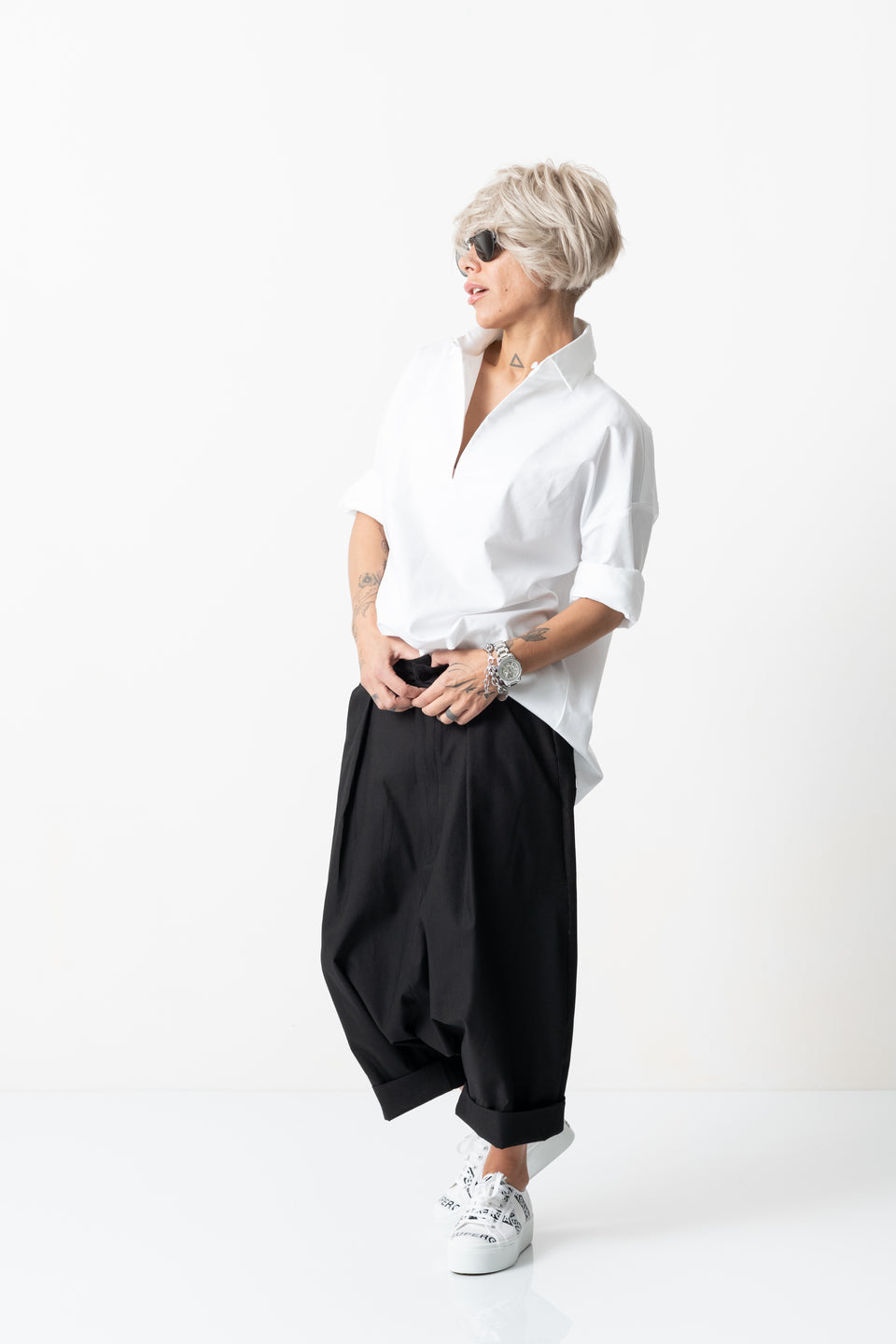 BLACK DROP CROTCH TROUSERS WITH POCKETS