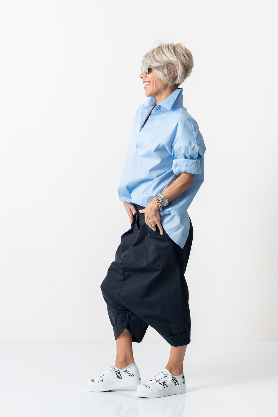 BLUE DROP CROTCH CASUAL PANTS WITH SIDE POCKETS
