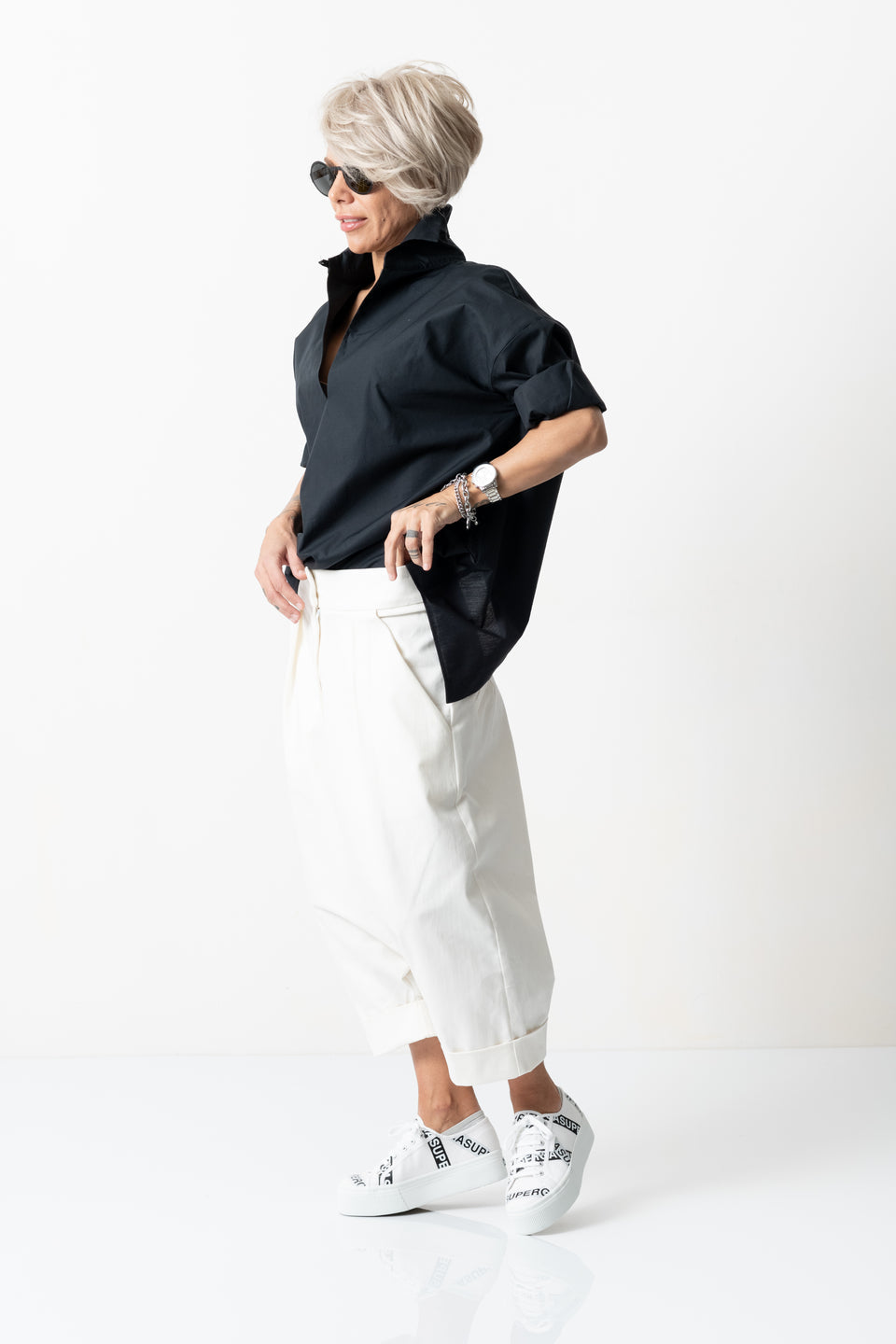 WHITE DROP CROTCH CASUAL PANTS WITH SIDE POCKETS