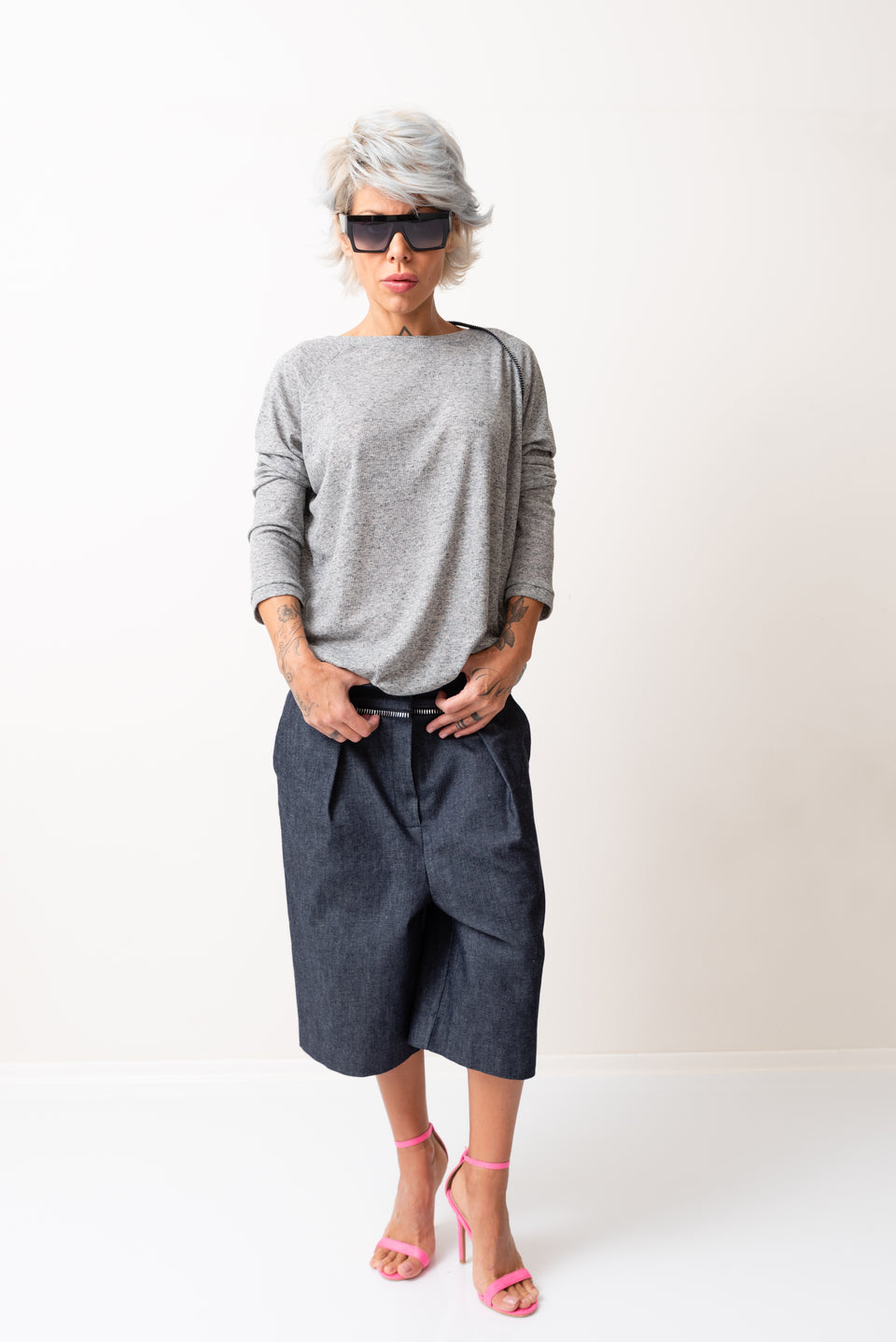 DENIM DROP-CROTCH SHORTS