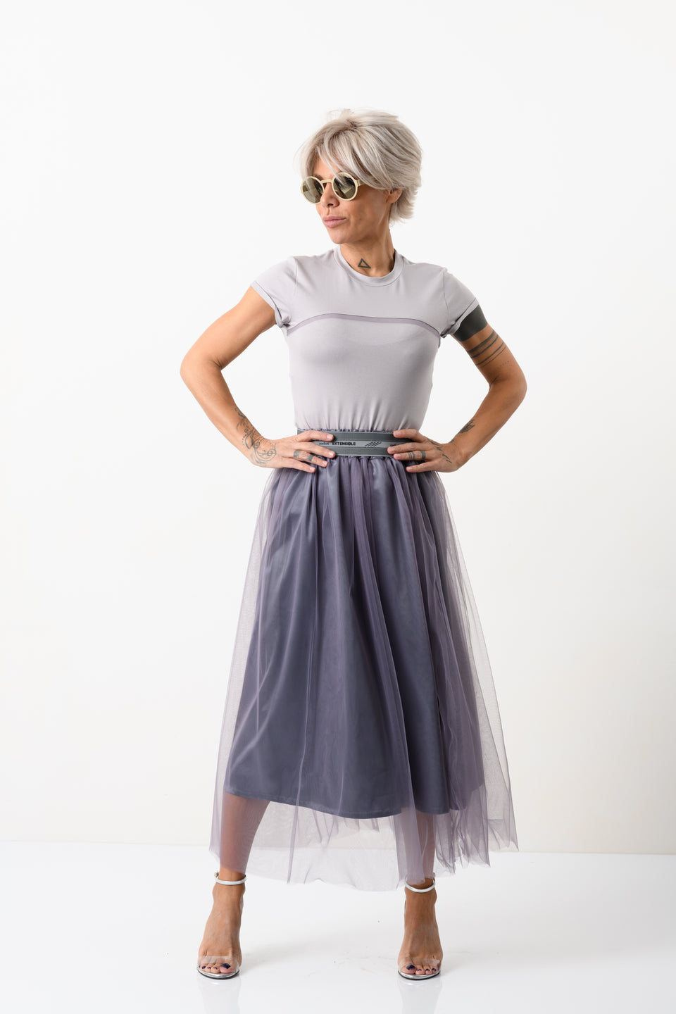 HIGH-WAISTED MIDI TULLE SKIRT IN MUTED PURPLE