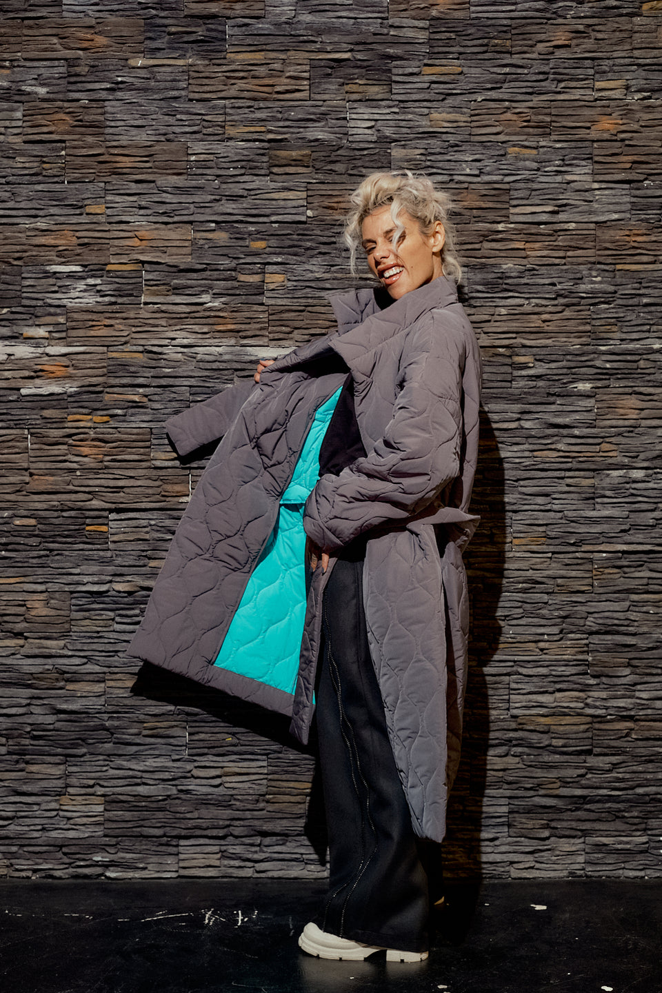 GREY BELTED QUILTED COAT