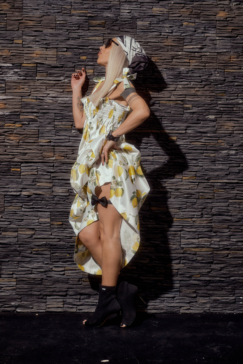 LEMON PRINT TIE STRAP MAXI DRESS