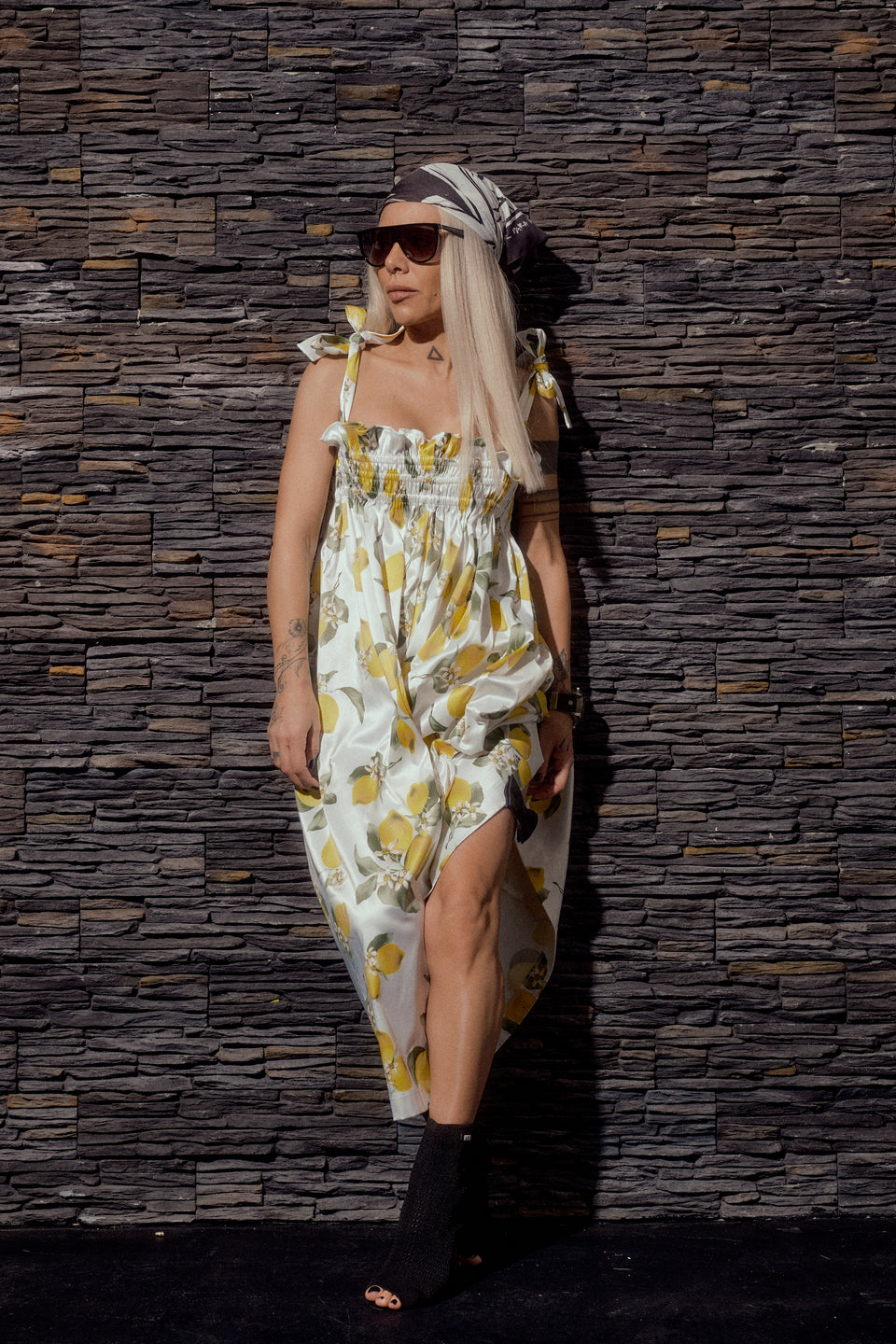 LEMON PRINT TIE STRAP MAXI DRESS