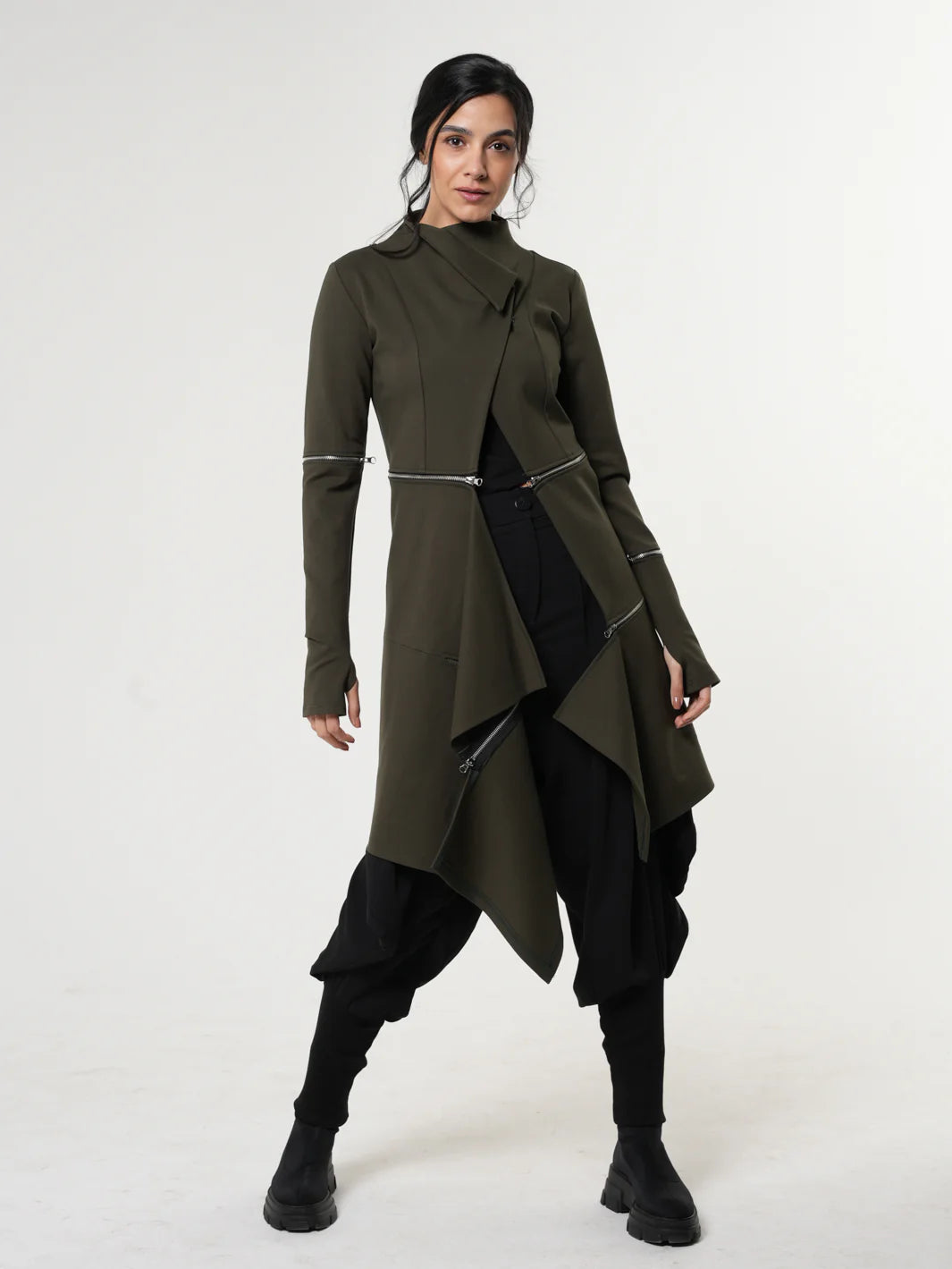Military Green Light Coat / Asymmetric Coat / Structured Asymmetric Coat / Long Coat with Asymetric Details by Metamorphoza METC0033