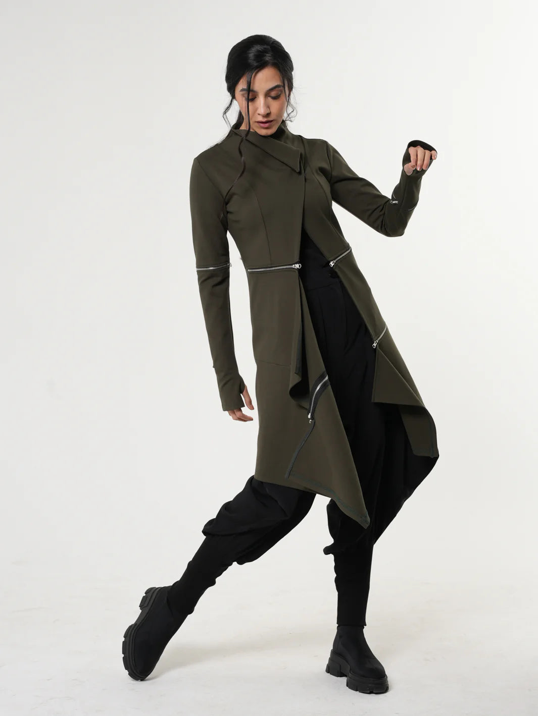 Military Green Light Coat / Asymmetric Coat / Structured Asymmetric Coat / Long Coat with Asymetric Details by Metamorphoza METC0033