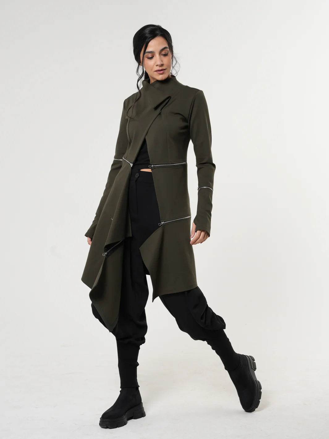 Military Green Light Coat / Asymmetric Coat / Structured Asymmetric Coat / Long Coat with Asymetric Details by Metamorphoza METC0033