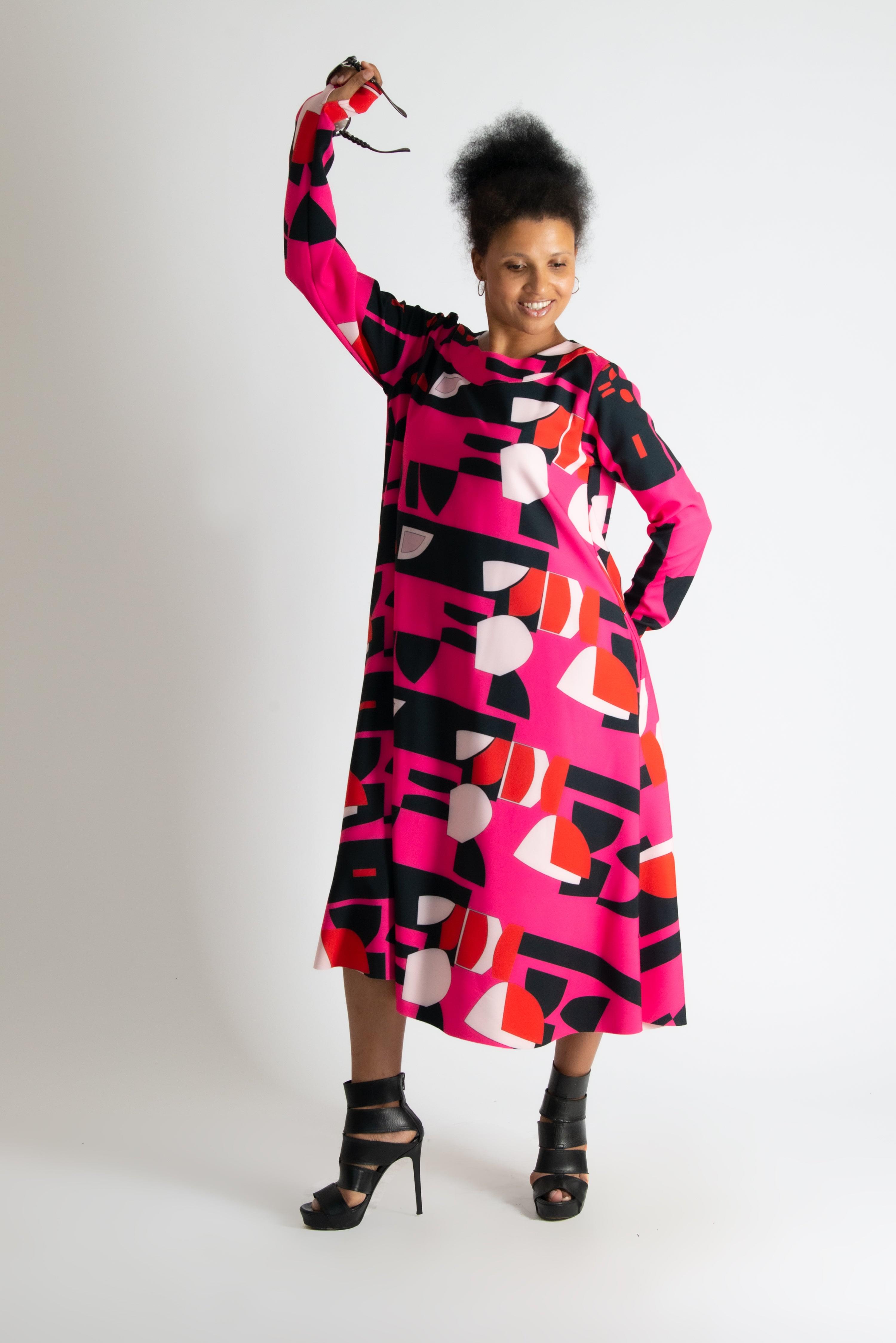 A line Pink Print Dress by EUG Fashion
