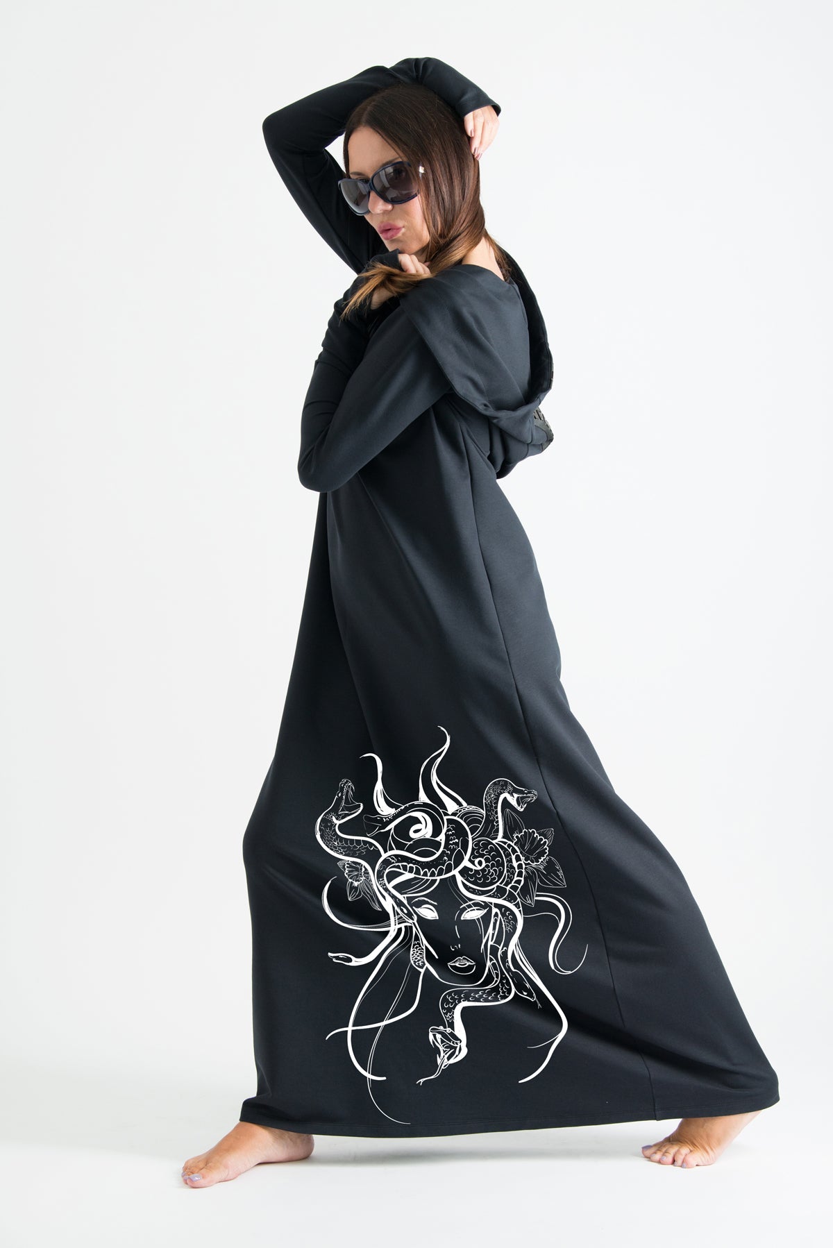 Black Hooded Octopus Printed Dress, Dresses & Maxi Dresses
