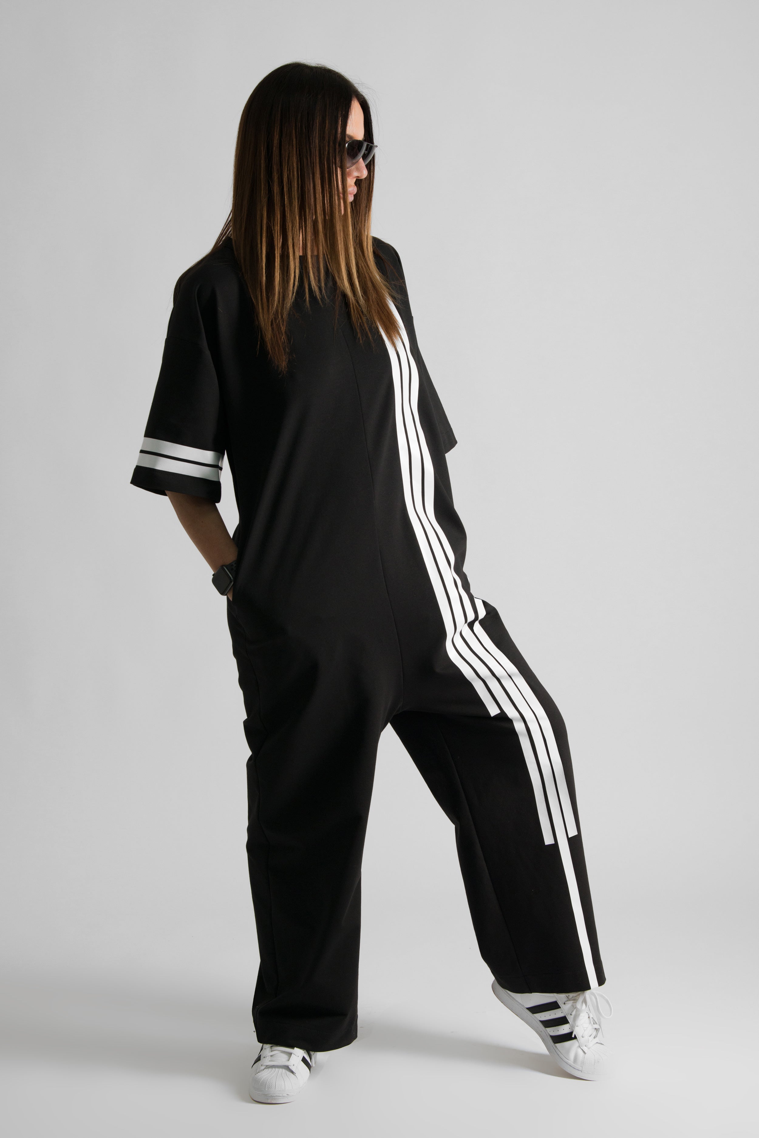Black White Stripe Sport Woman Jumpsuit, Jumpsuits & Rompers